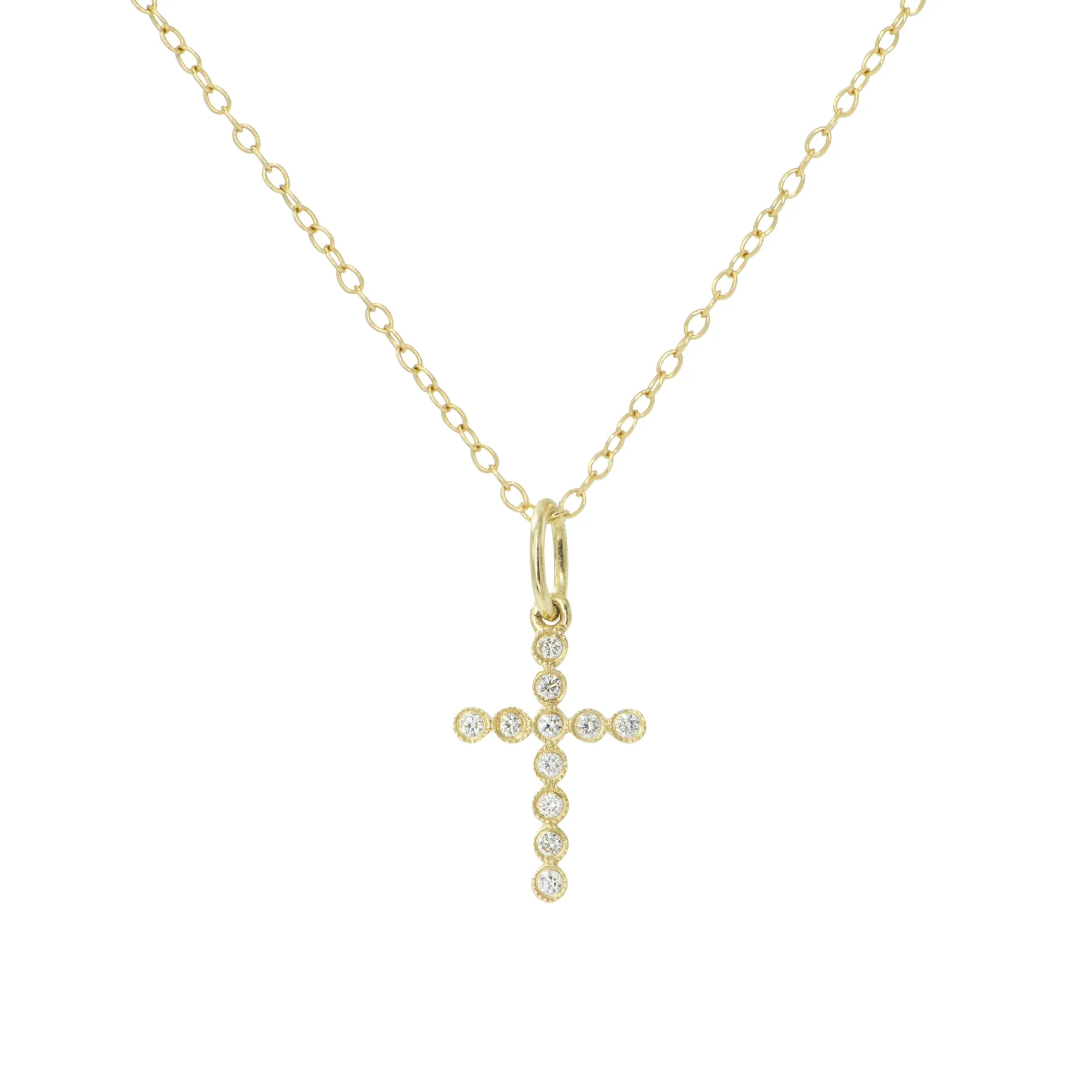 14k Diamond Cross Necklace Bezelled - Mini