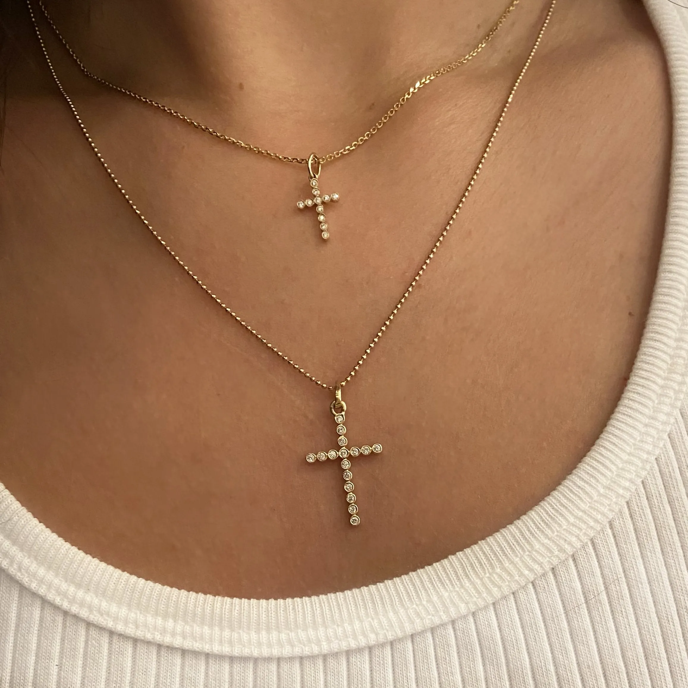 14k Diamond Cross Necklace Bezelled - Mini