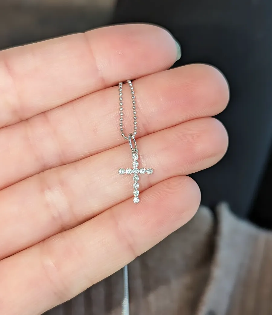 14k Diamond Cross Necklace Bezelled - Mini