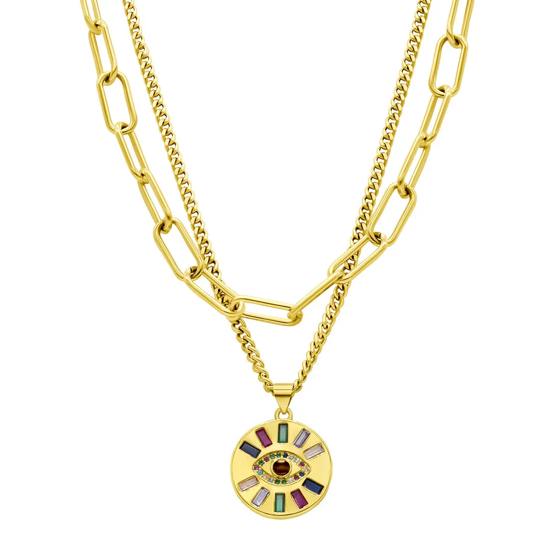 14K Gold Plated Adjustable Evil Eye Multi Color Layered Double Necklace