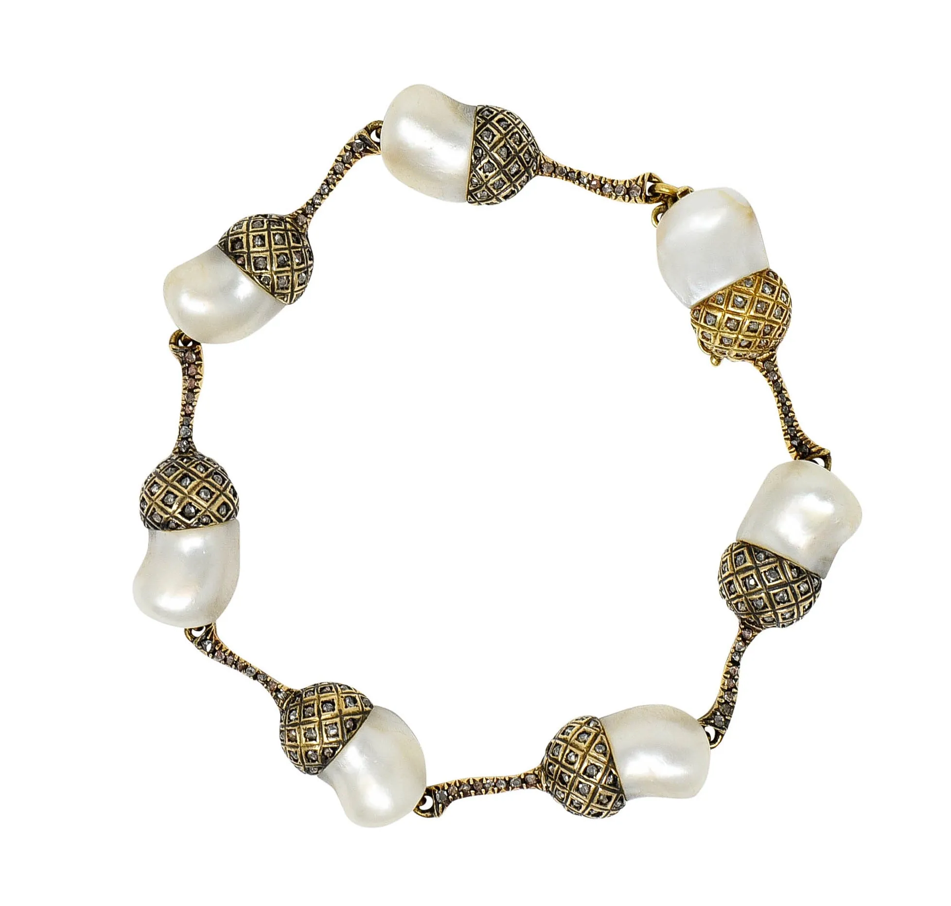 1910 Edwardian Russian Baroque Pearl Diamond 14 Karat Gold Acorn Link Bracelet