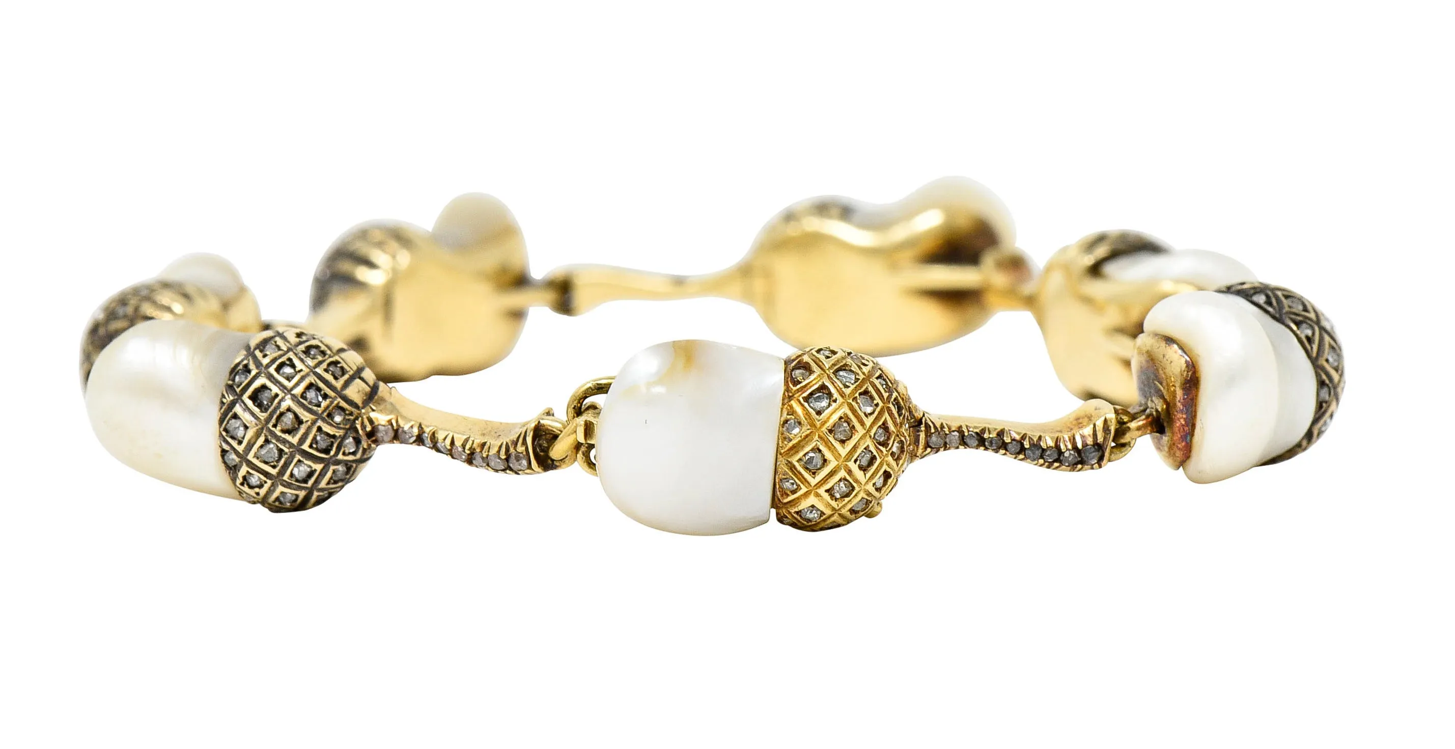 1910 Edwardian Russian Baroque Pearl Diamond 14 Karat Gold Acorn Link Bracelet