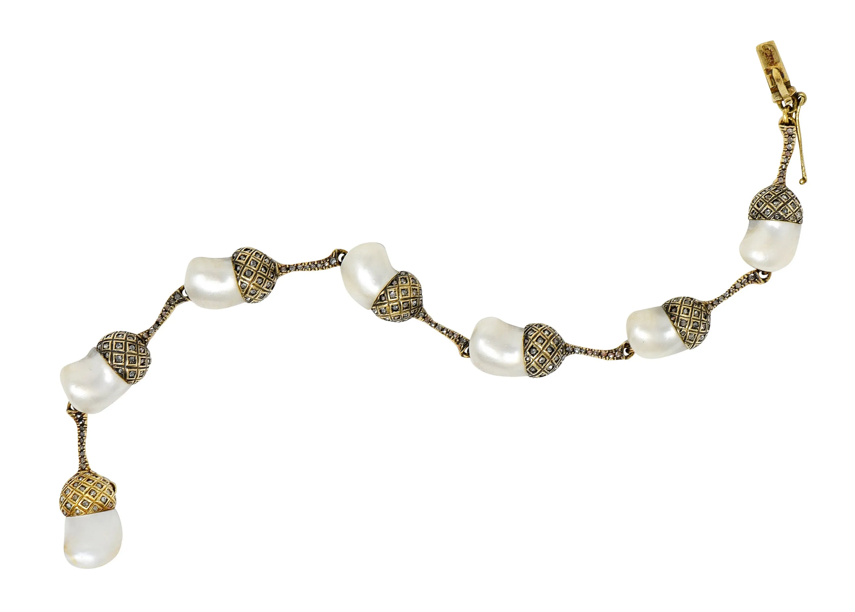 1910 Edwardian Russian Baroque Pearl Diamond 14 Karat Gold Acorn Link Bracelet