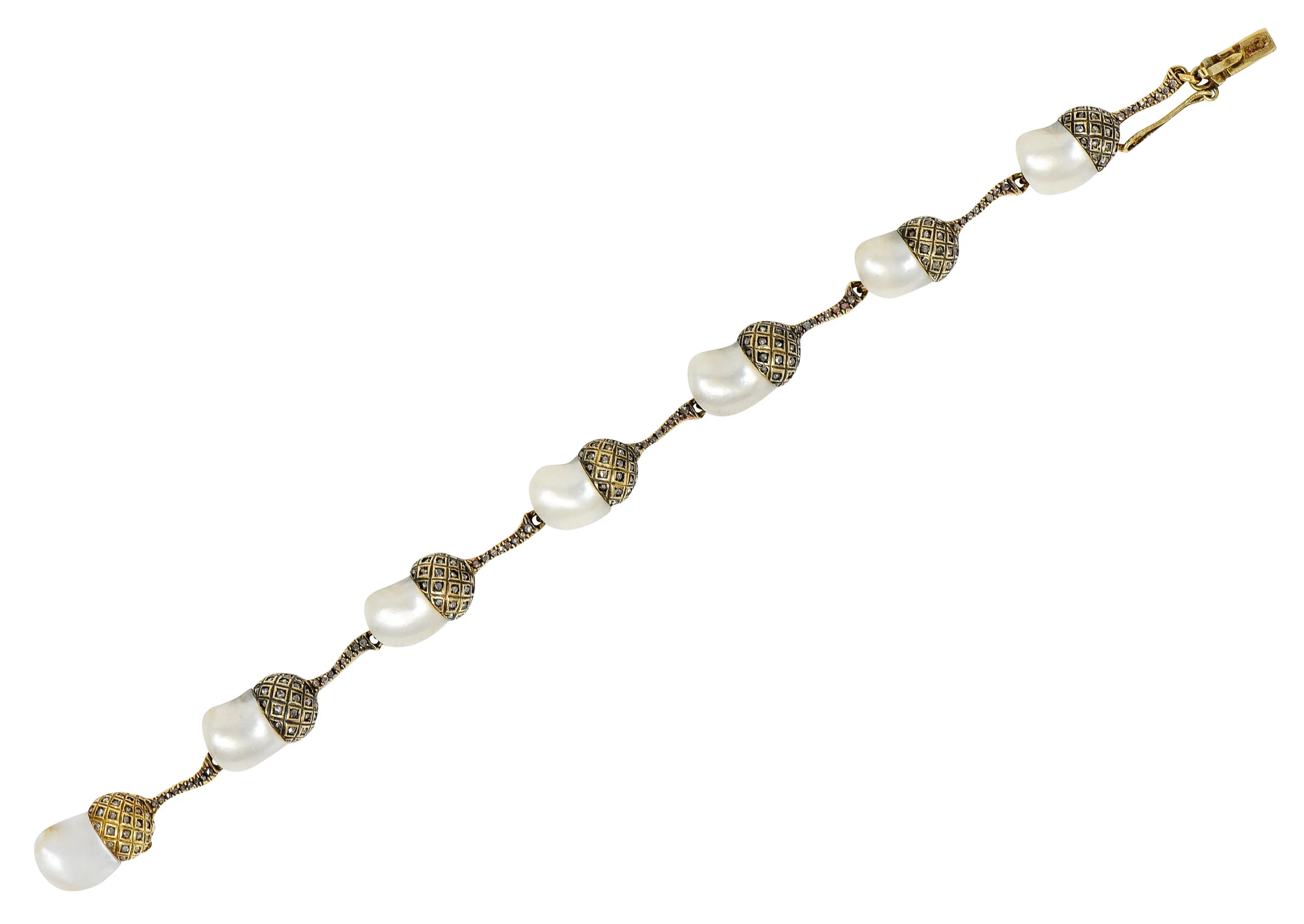 1910 Edwardian Russian Baroque Pearl Diamond 14 Karat Gold Acorn Link Bracelet