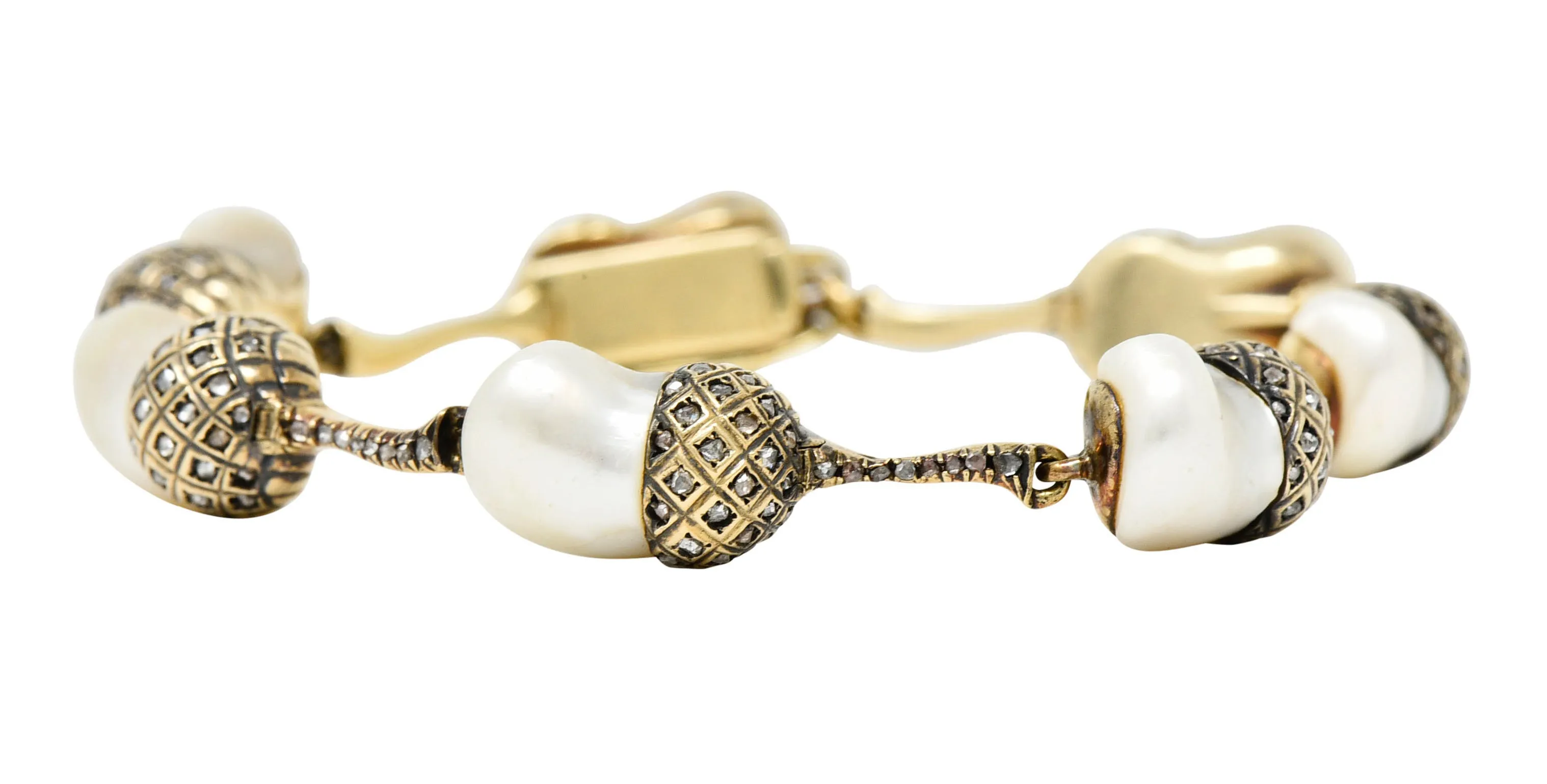 1910 Edwardian Russian Baroque Pearl Diamond 14 Karat Gold Acorn Link Bracelet