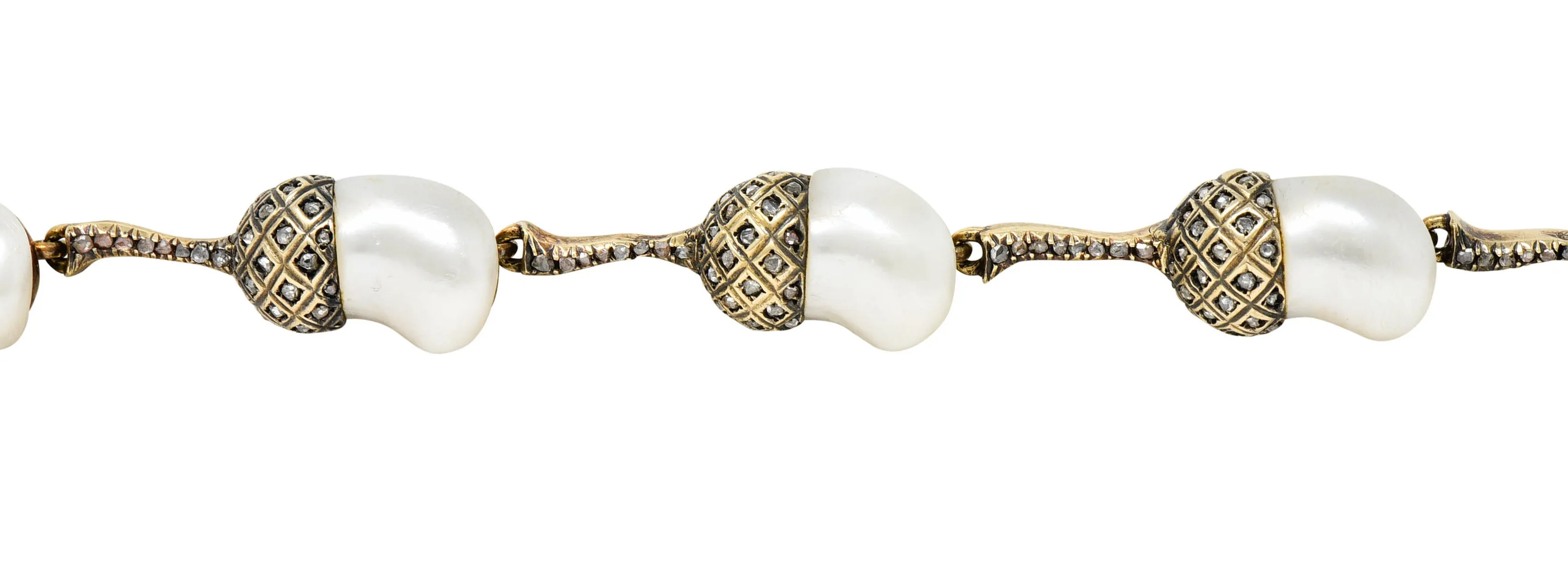 1910 Edwardian Russian Baroque Pearl Diamond 14 Karat Gold Acorn Link Bracelet