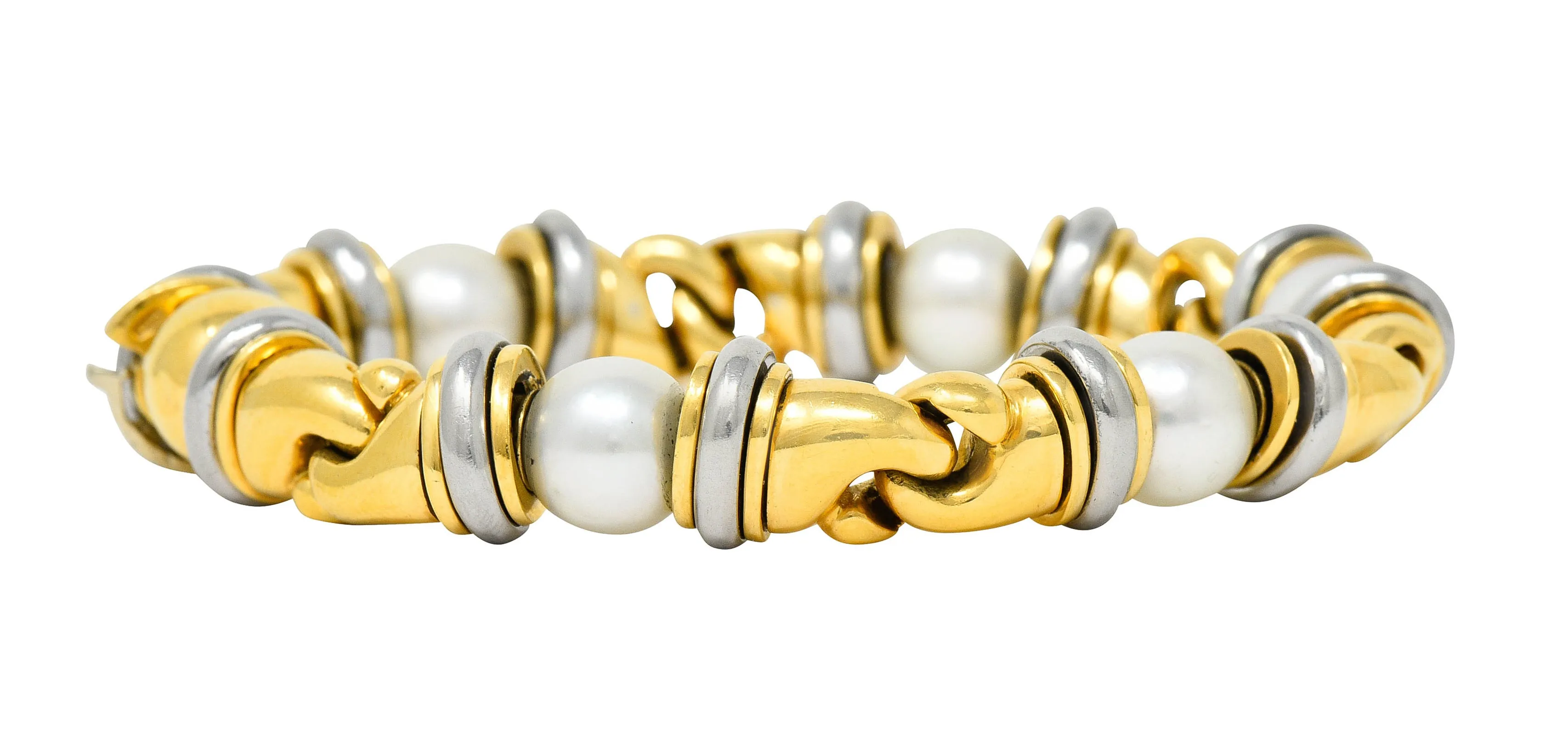 1990's Bulgari Cultured Pearl 18 Karat Gold Stainless Steel Gancio Italian Link Bracelet