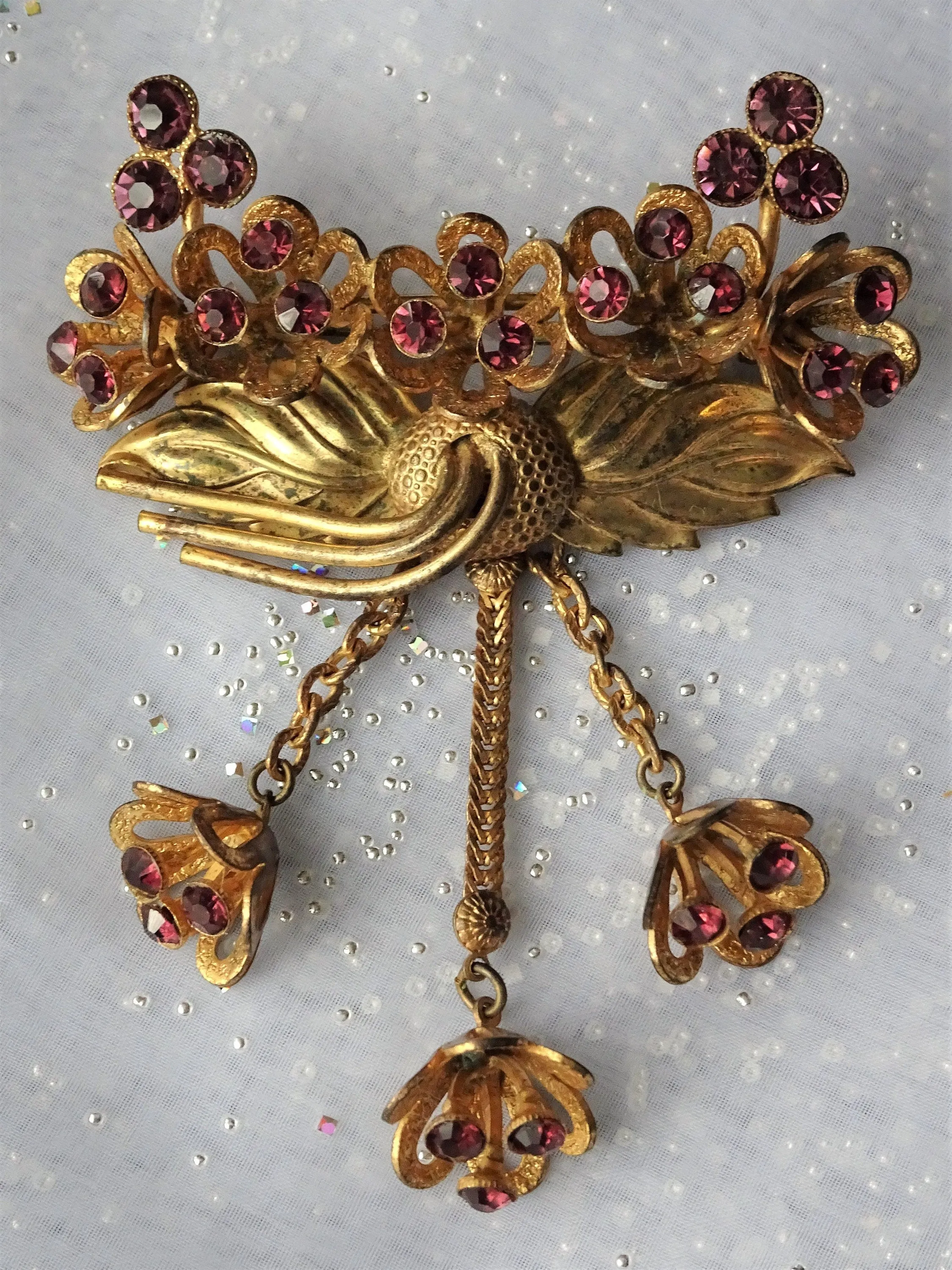 AMAZING 1940s Huge Brooch, JOSEFF of Hollywood Style,Brooch with Drops, Purple Glass Stones,Unique Brooch, Collectible Vintage J