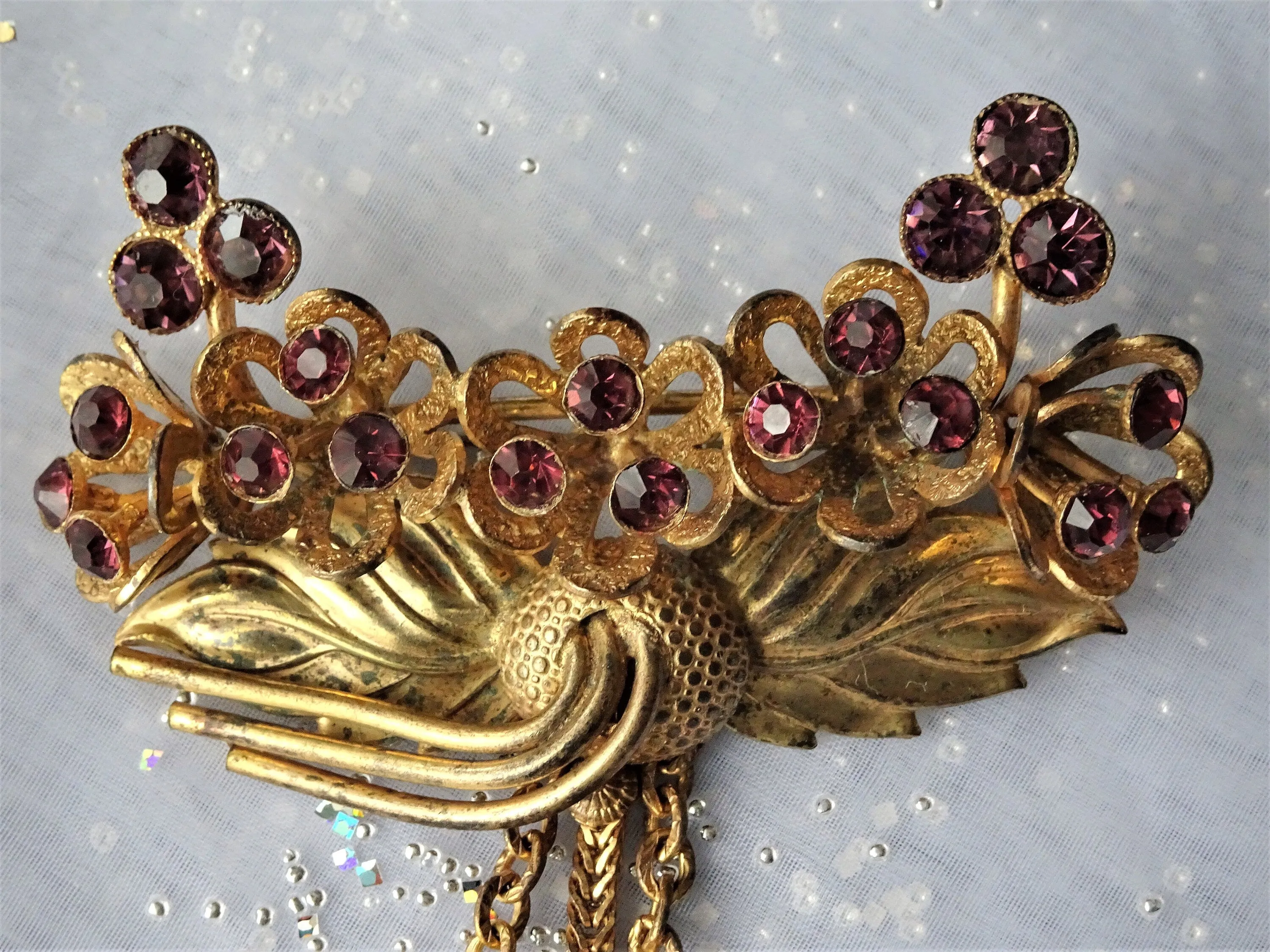 AMAZING 1940s Huge Brooch, JOSEFF of Hollywood Style,Brooch with Drops, Purple Glass Stones,Unique Brooch, Collectible Vintage J