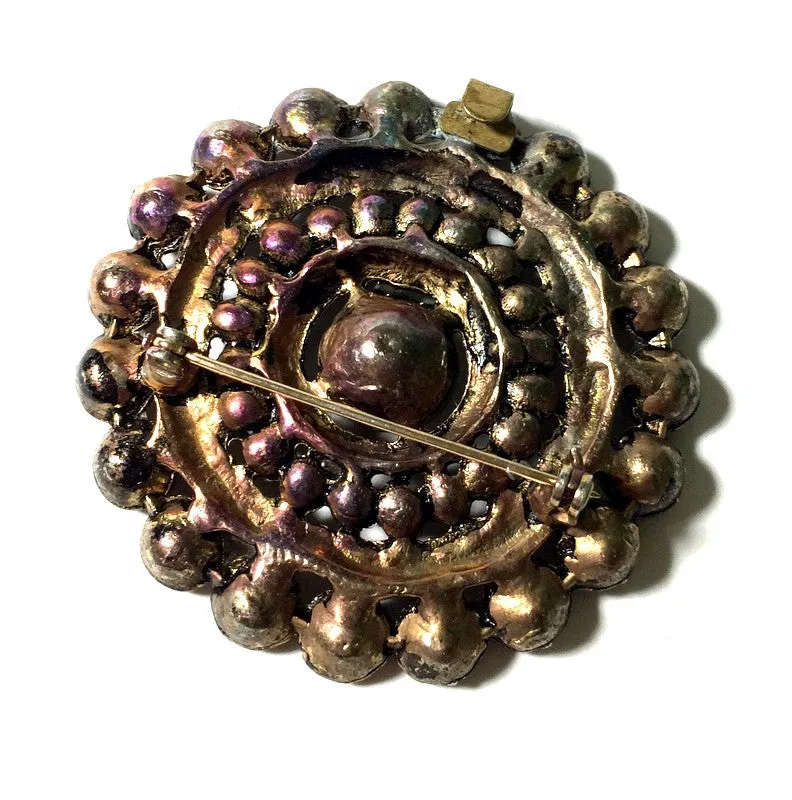 Amber Hued Rhinestone Round Brooch circa 1940s