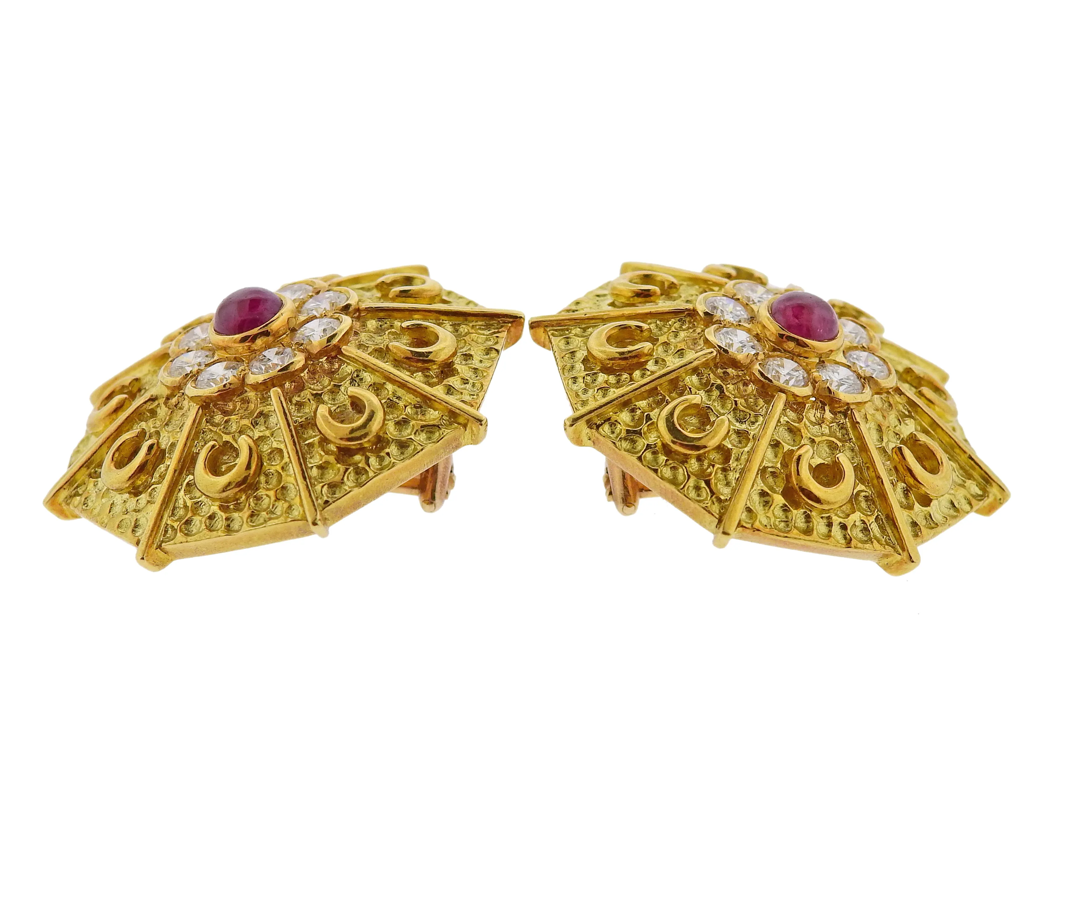 Andre Vassort France Gold Diamond Ruby Brooch Earrings Set