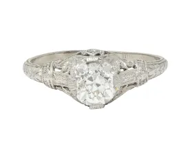 Art Deco 0.99 CTW Old European Diamond Platinum Lotus Antique Engagement Ring GIA