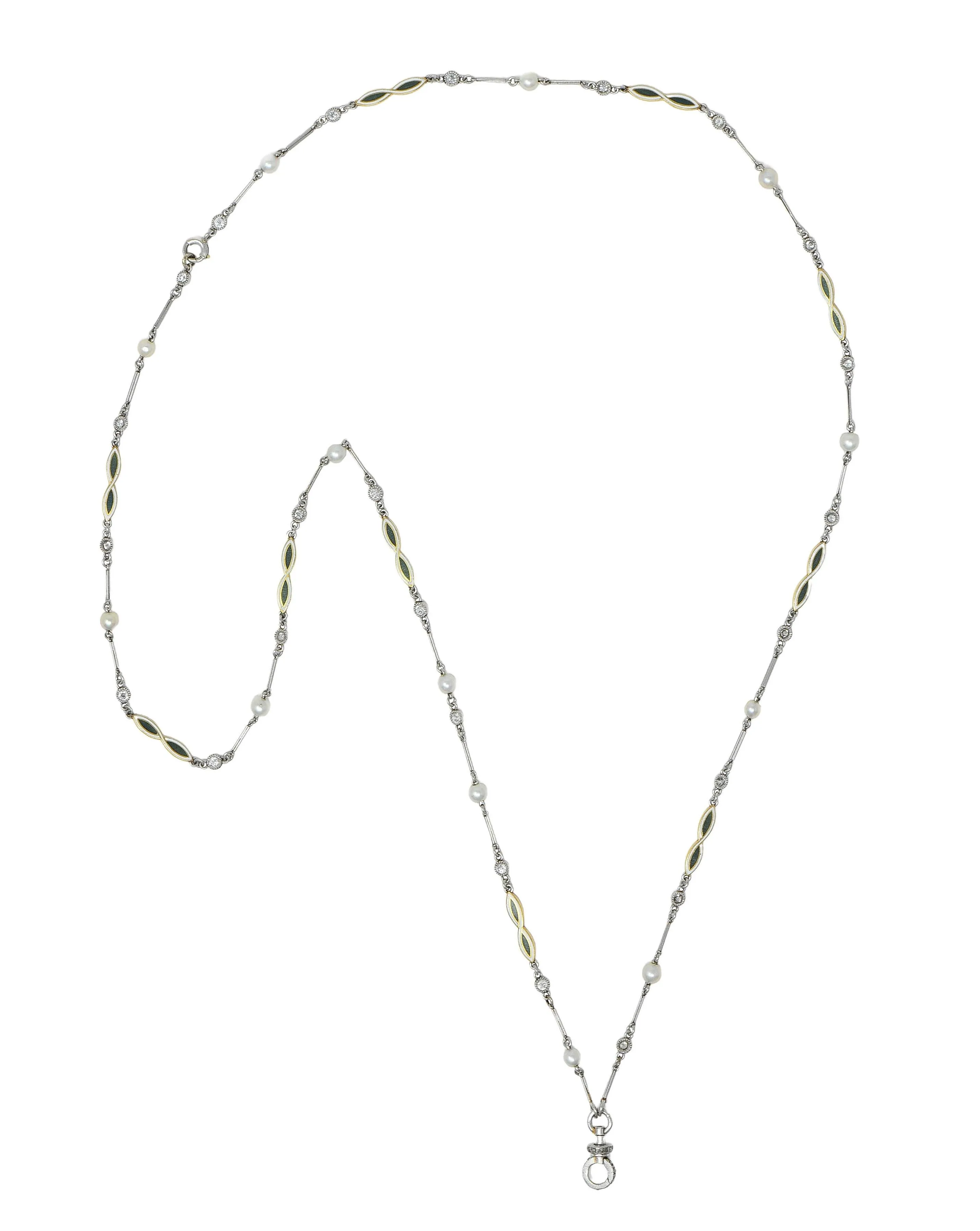 Art Deco Diamond Natural Pearl Enamel Platinum 18K Gold Antique Fancy Link Chain Necklace