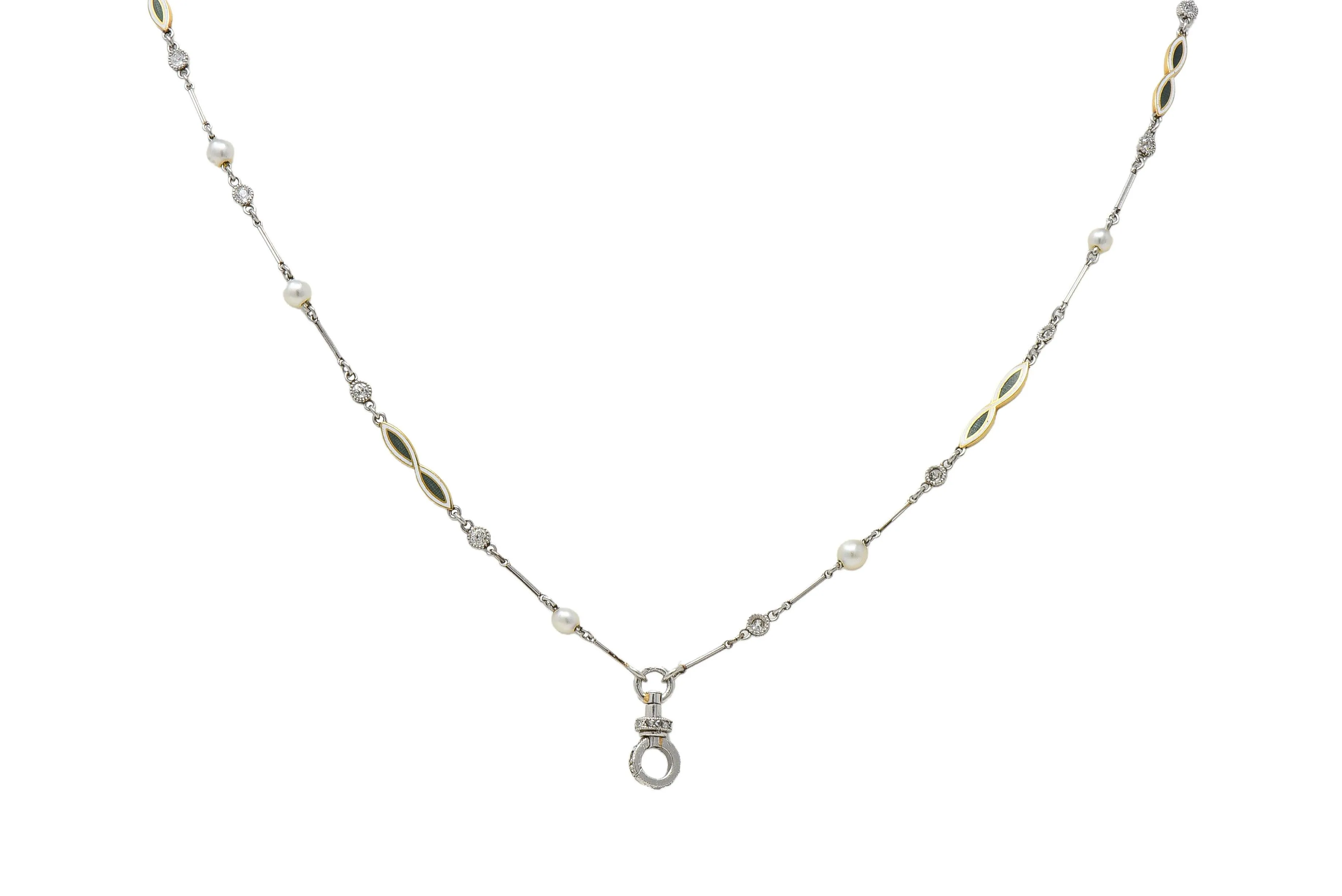 Art Deco Diamond Natural Pearl Enamel Platinum 18K Gold Antique Fancy Link Chain Necklace