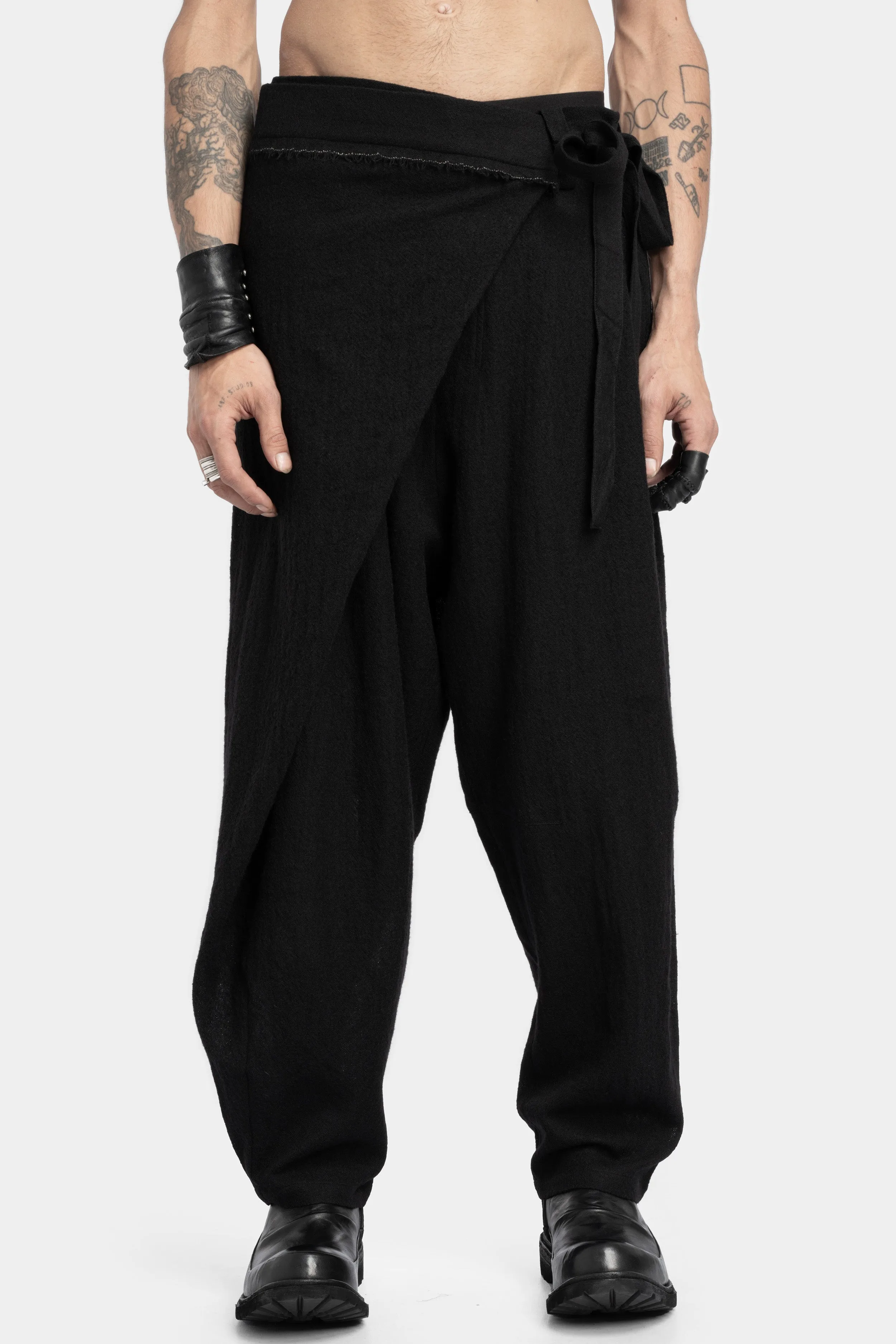 Asymmetrical skirt overlay worsted wool pants