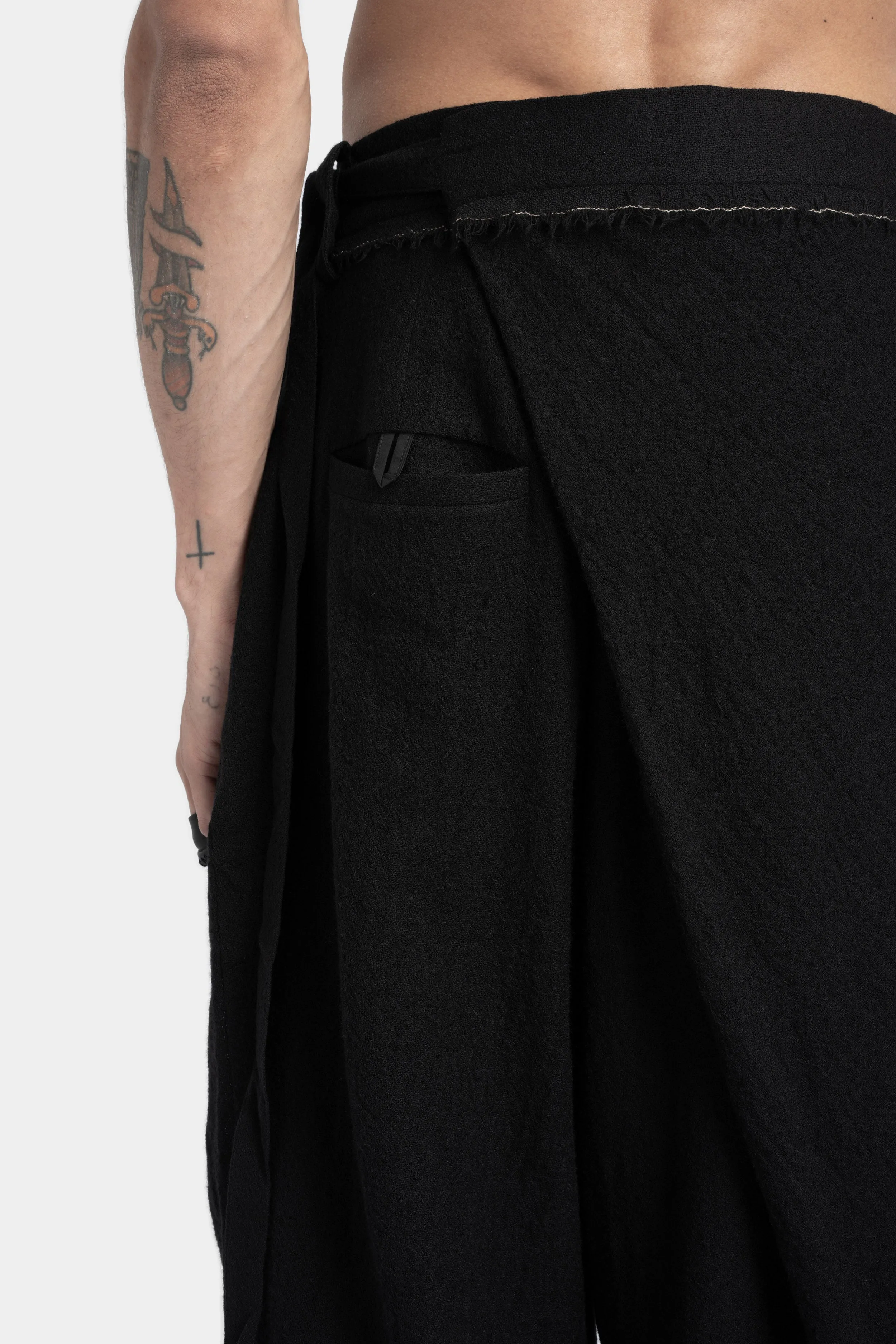 Asymmetrical skirt overlay worsted wool pants