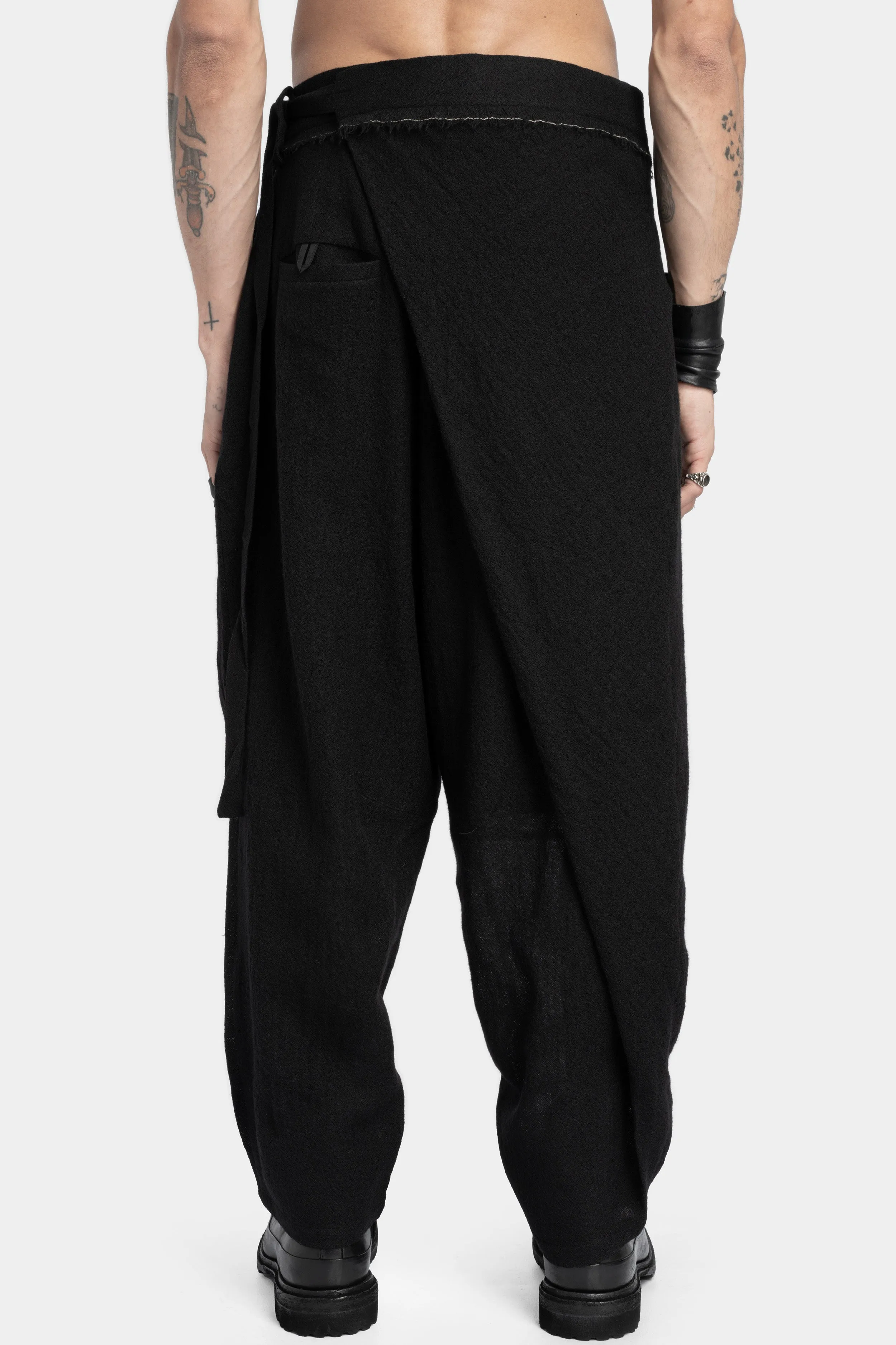 Asymmetrical skirt overlay worsted wool pants