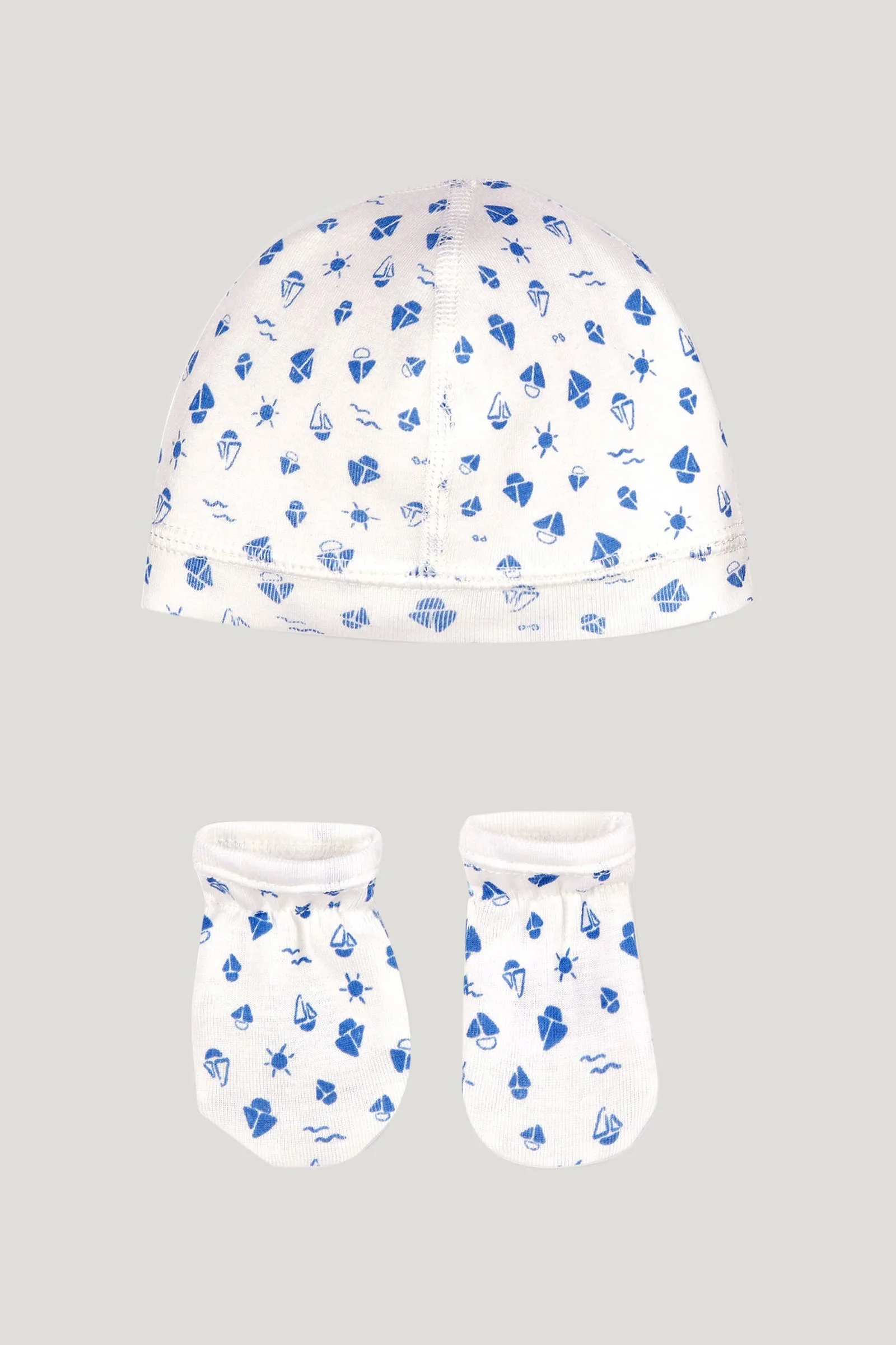 Baby Boy's White Blue Morad Set of Bonnet and Mittens