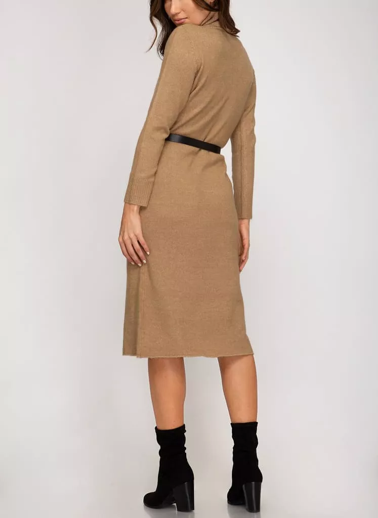 Belted Long sleeves Turtle neck knit sweater dress