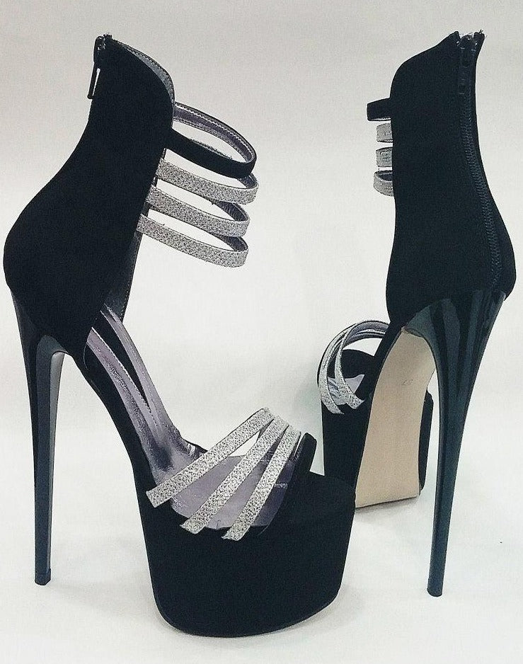 Black & Silver Strapped Ankle Sandals