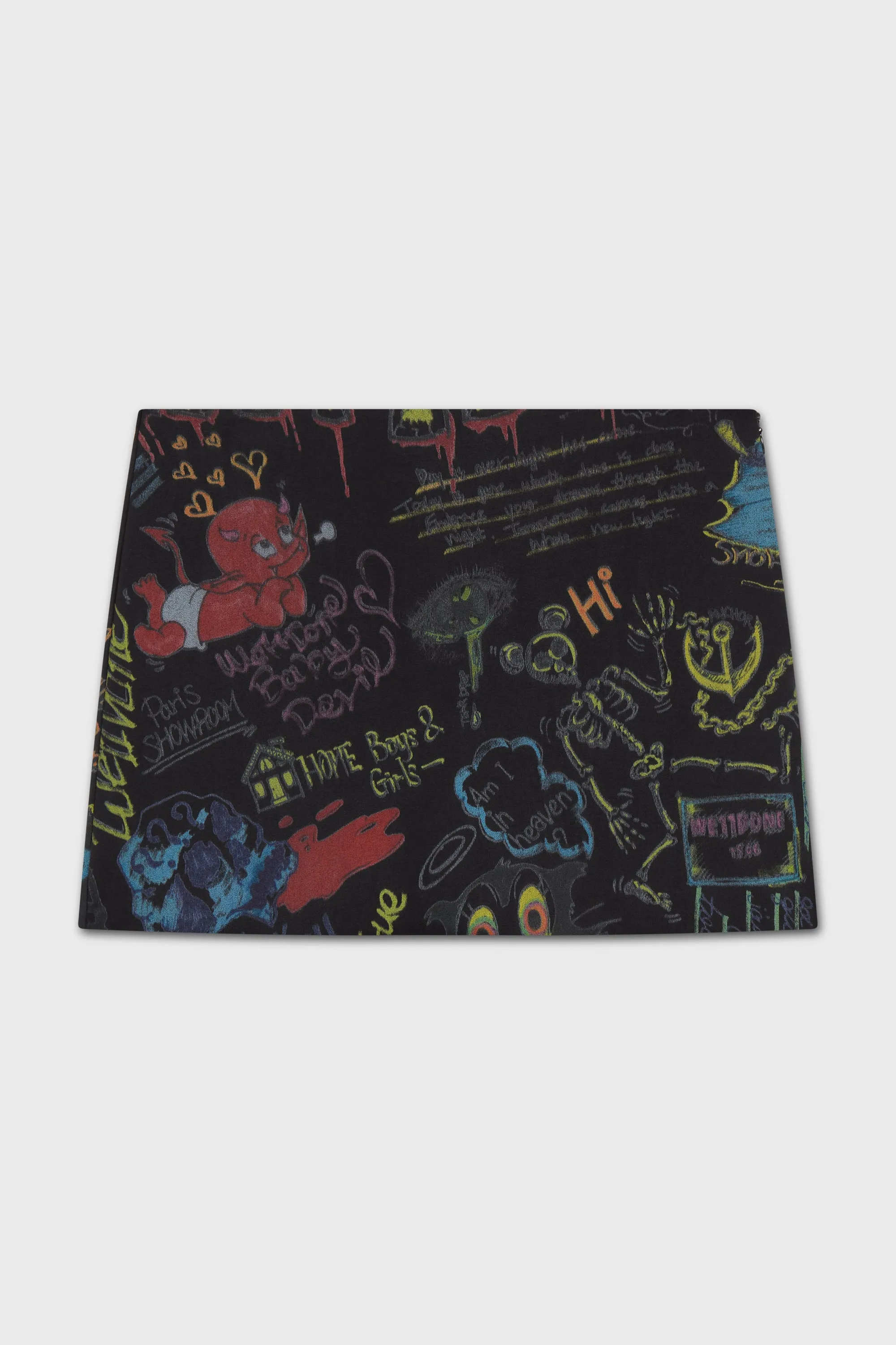 BLACK GRAPHIC PRINT RAW EDGE MINI SKIRT