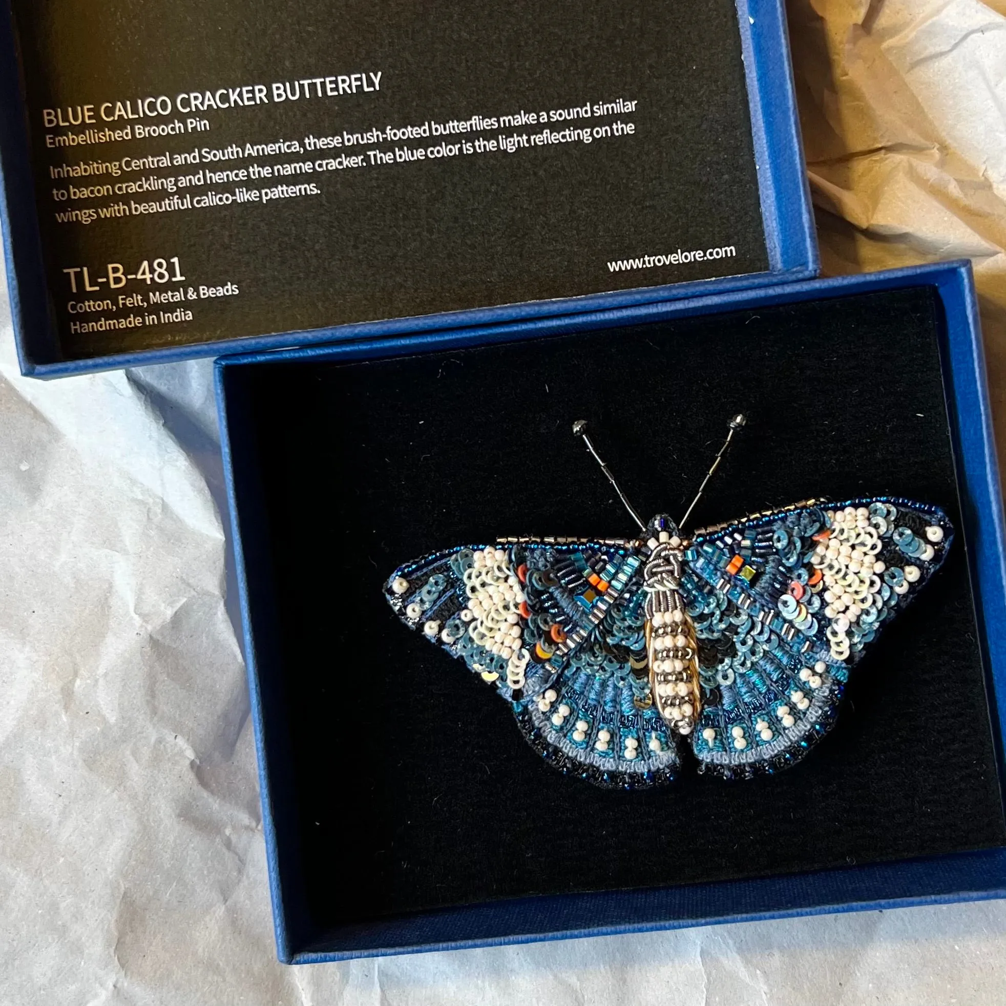 Blue Calico Cracker Butterfly Brooch