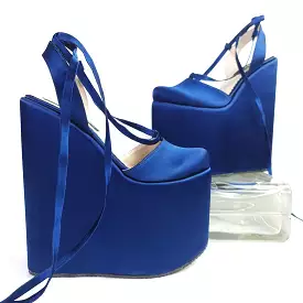 Blue Satin Wedge Ballerina Lace Up Sandals