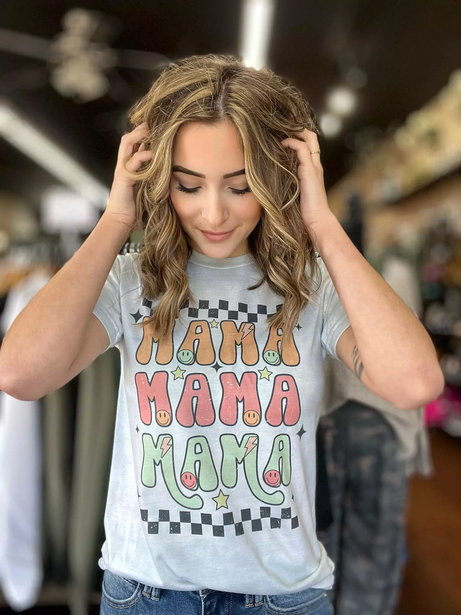 Checkered Smiley Mama T-Shirt