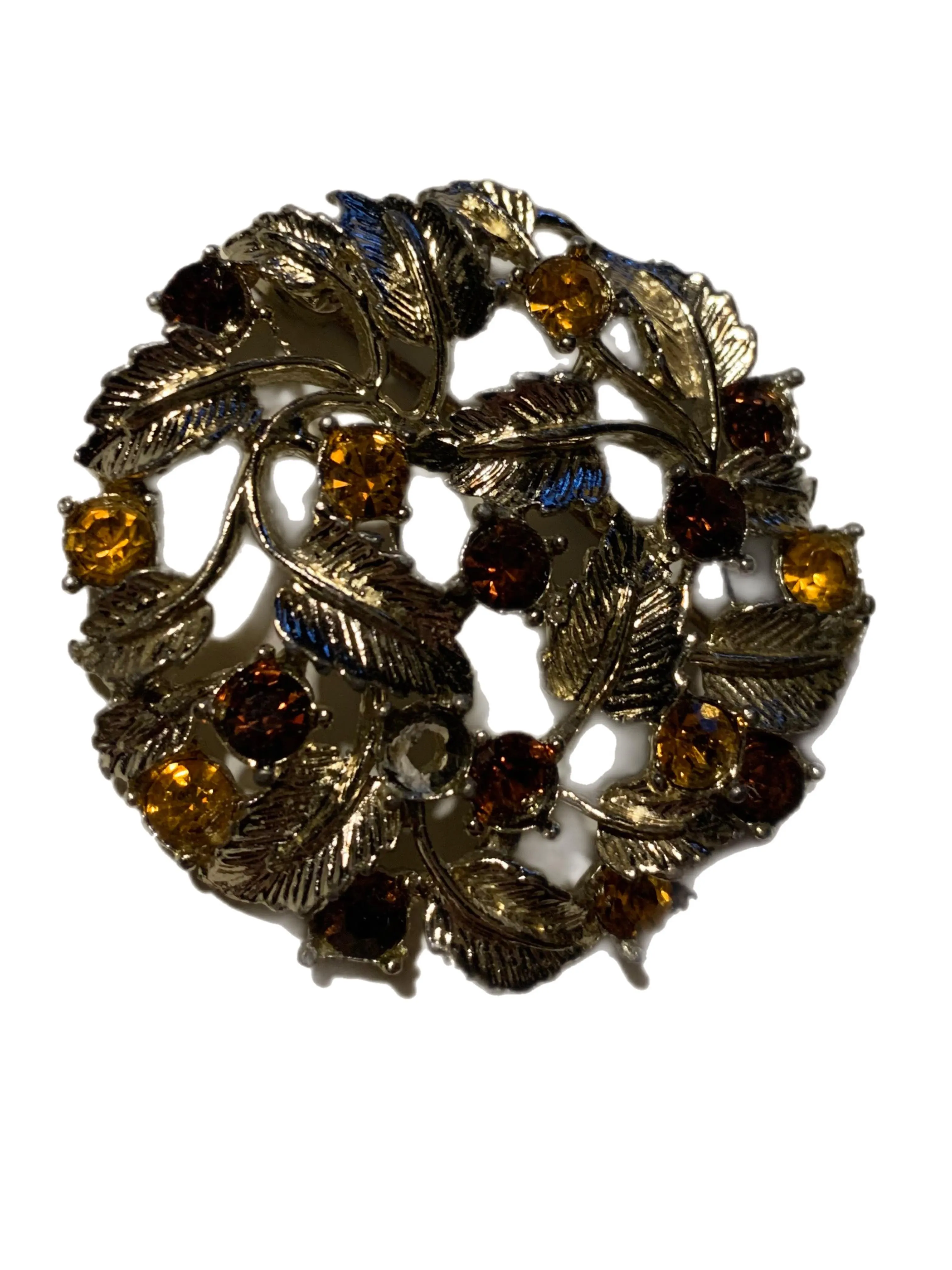 Circular Leafy Brooch with Topaz and Garnet Colored Rhinestones circa 1960s