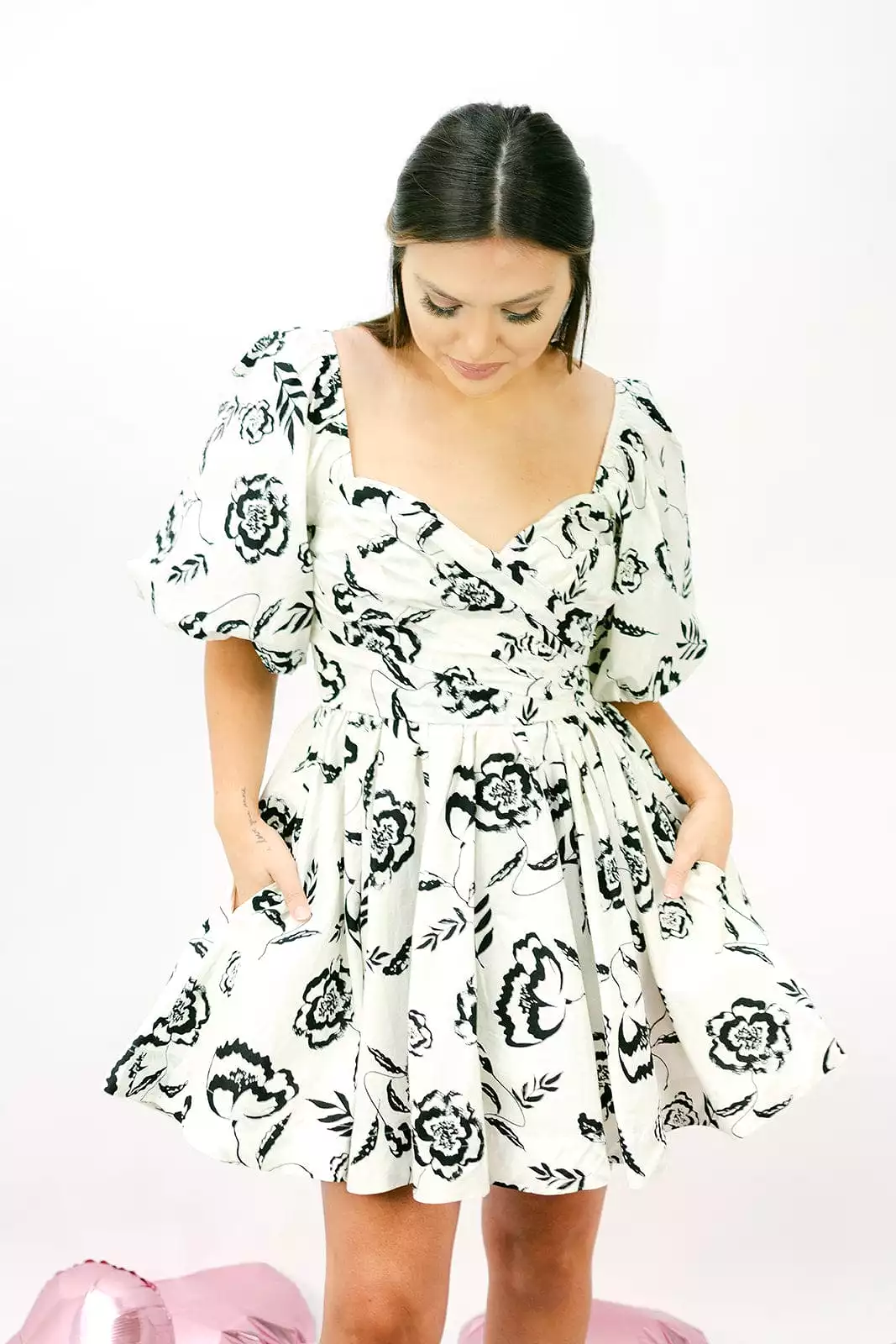 Cream & Black Floral Poplin Mini Dress