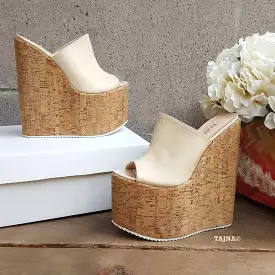 Cream Peep Toe High Heel Platform Wedge Mules