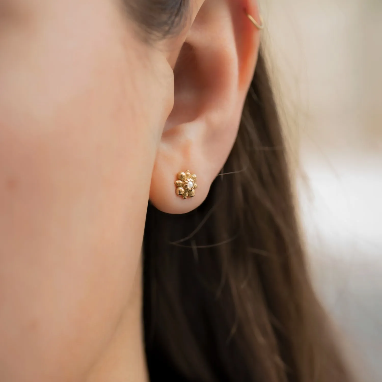 Dainty Gold Flower Stud Earrings with White Seed Pearl