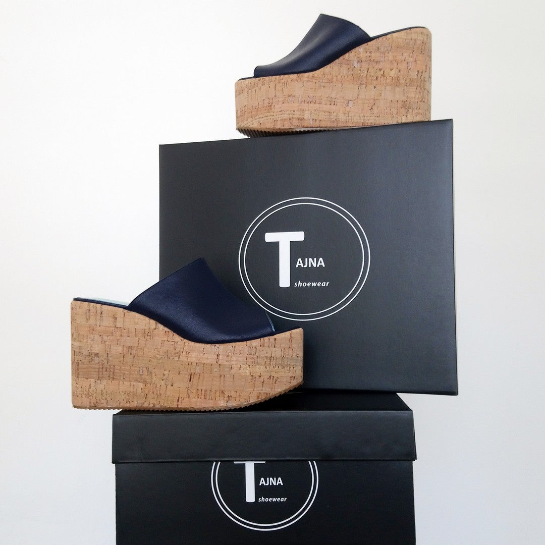 Dark Navy Blue Wedge Platform Mules