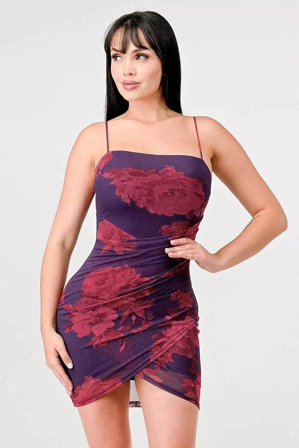 Dark Print Tulip Romance Mini Dress - Plum