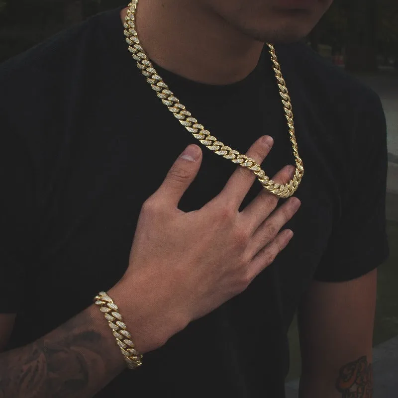 Diamond Cuban Link Choker + Bracelet Bundle in White/Yellow Gold