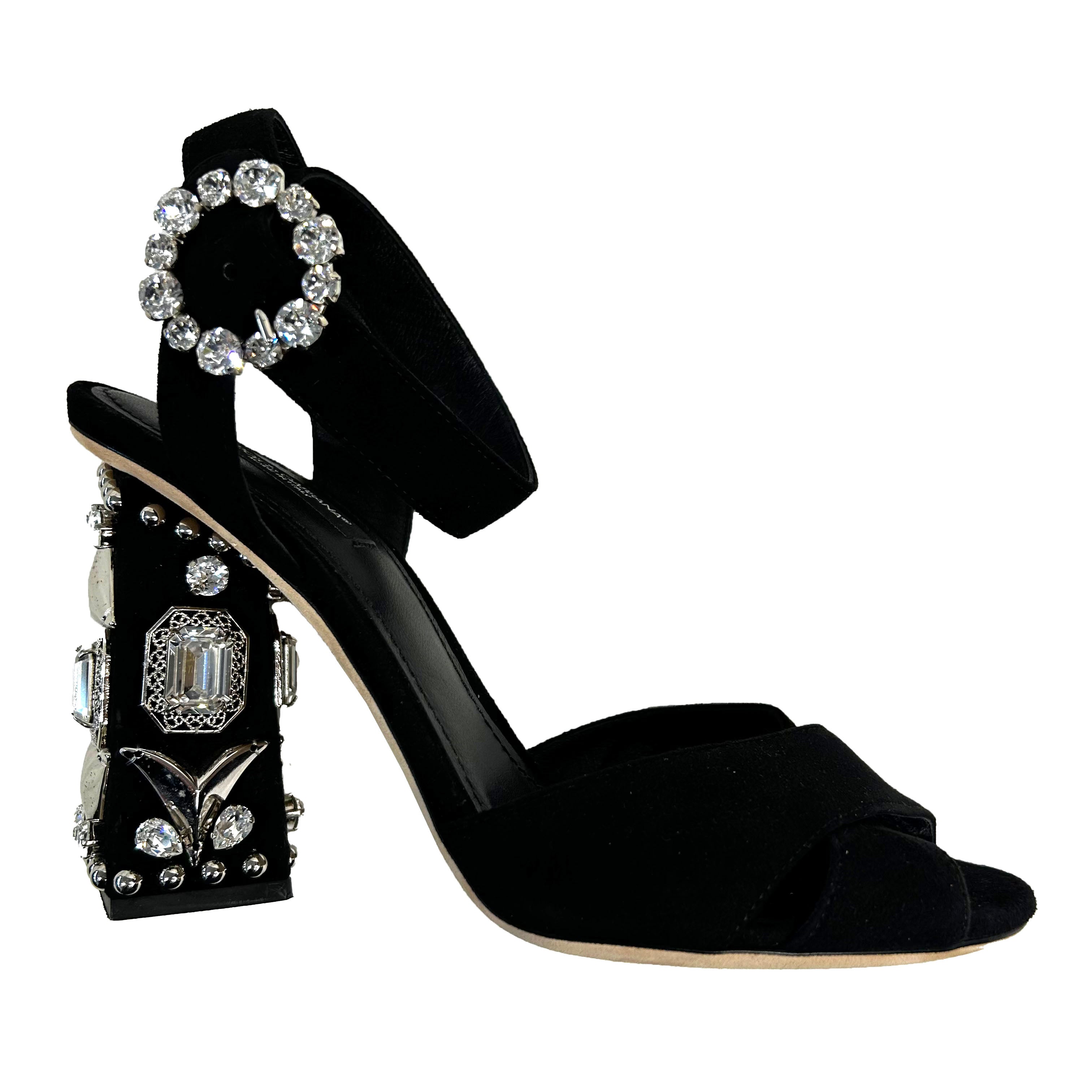 Dolce & Gabbana Black Suede Jewel Heel Ankle Wrap Sandals 38