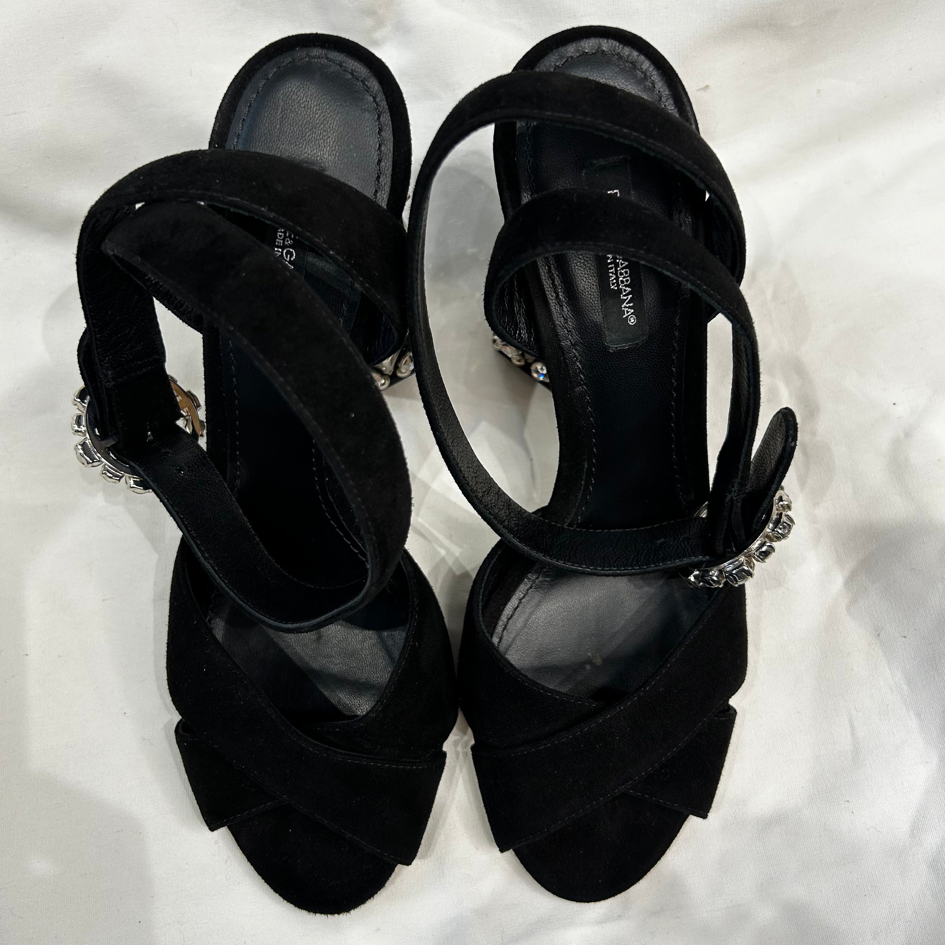 Dolce & Gabbana Black Suede Jewel Heel Ankle Wrap Sandals 38