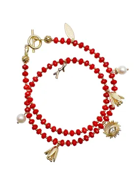 Double Layer Coral with Evil Eye Charm Bracelet/Choker JB001