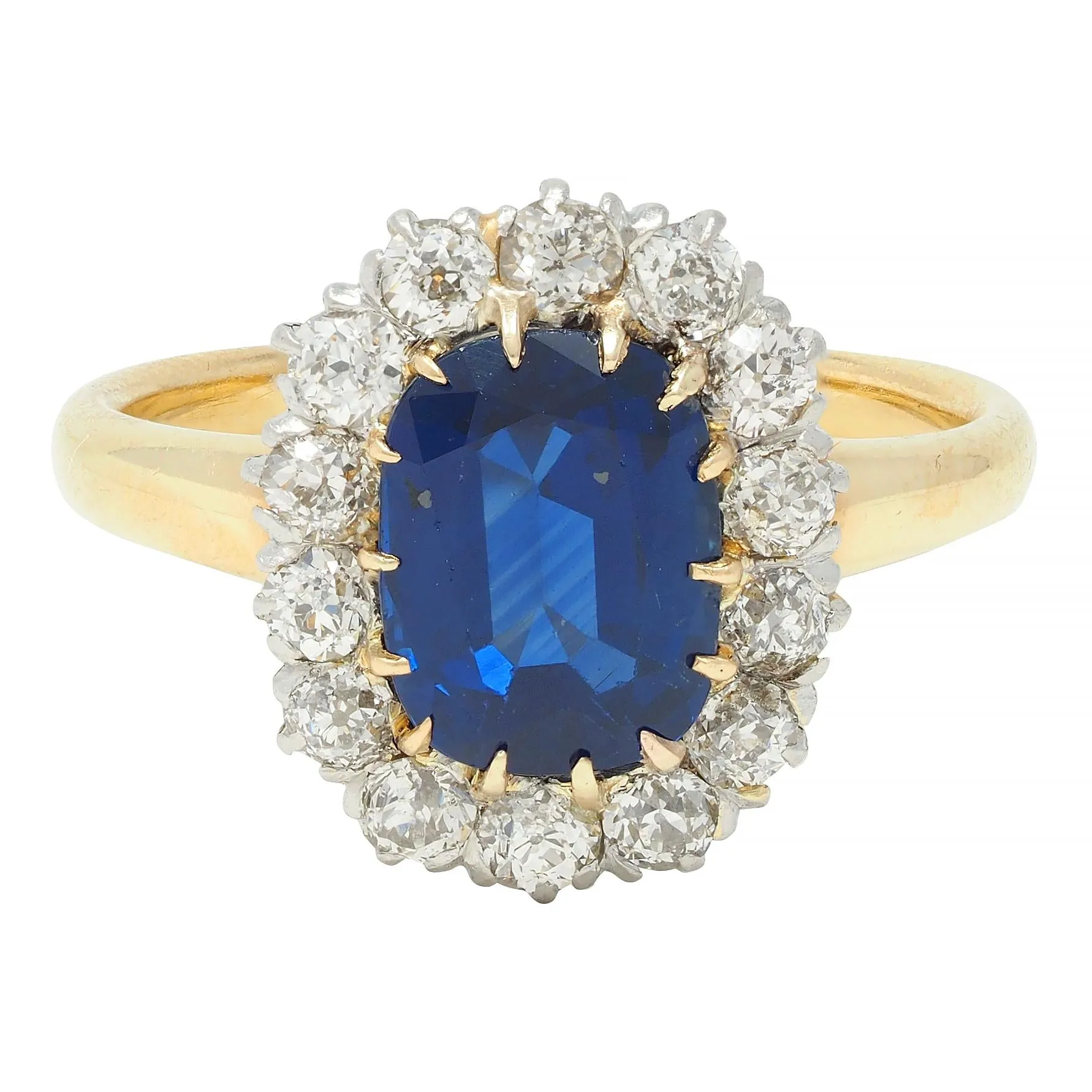 Edwardian 3.07 CTW No Heat Sapphire Diamond Platinum 18 Karat Gold Antique Halo Ring GIA