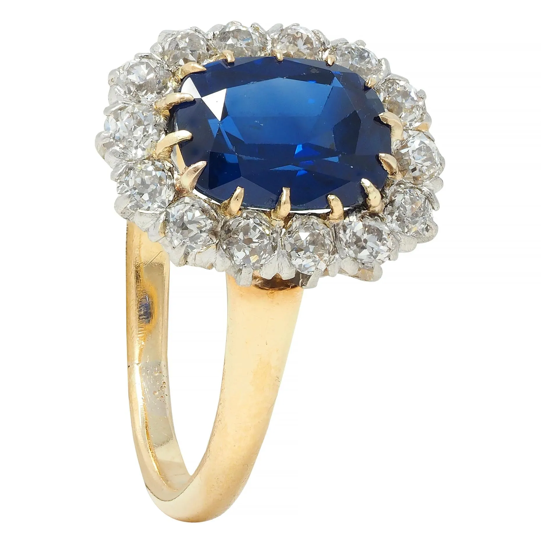 Edwardian 3.07 CTW No Heat Sapphire Diamond Platinum 18 Karat Gold Antique Halo Ring GIA