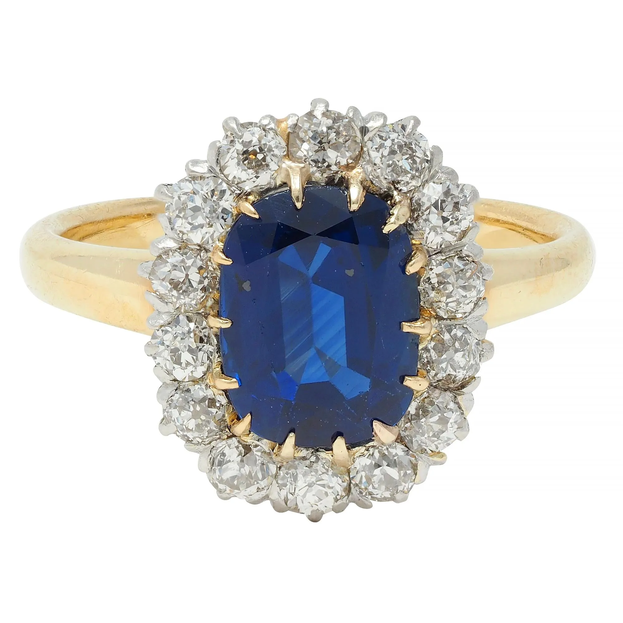 Edwardian 3.07 CTW No Heat Sapphire Diamond Platinum 18 Karat Gold Antique Halo Ring GIA