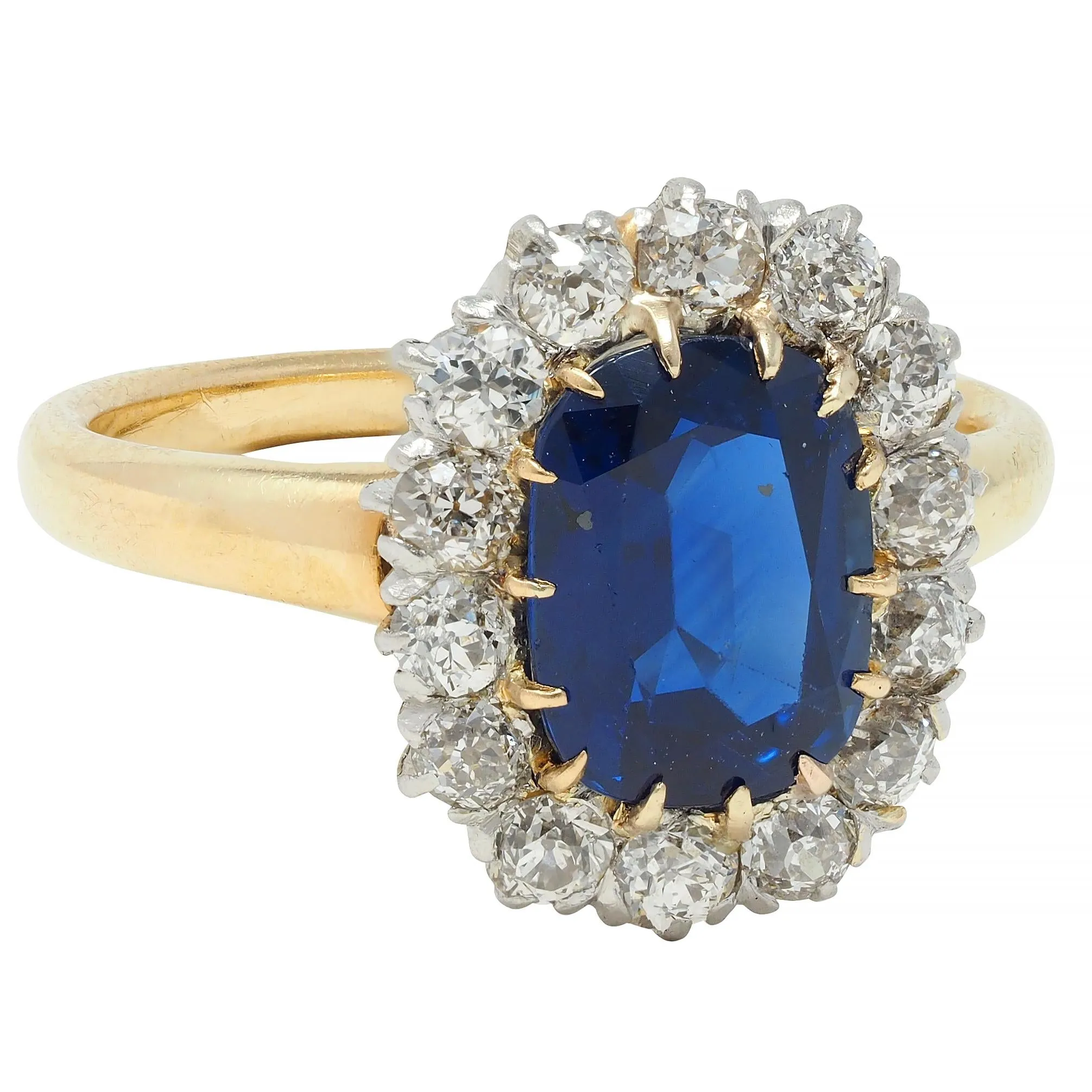 Edwardian 3.07 CTW No Heat Sapphire Diamond Platinum 18 Karat Gold Antique Halo Ring GIA