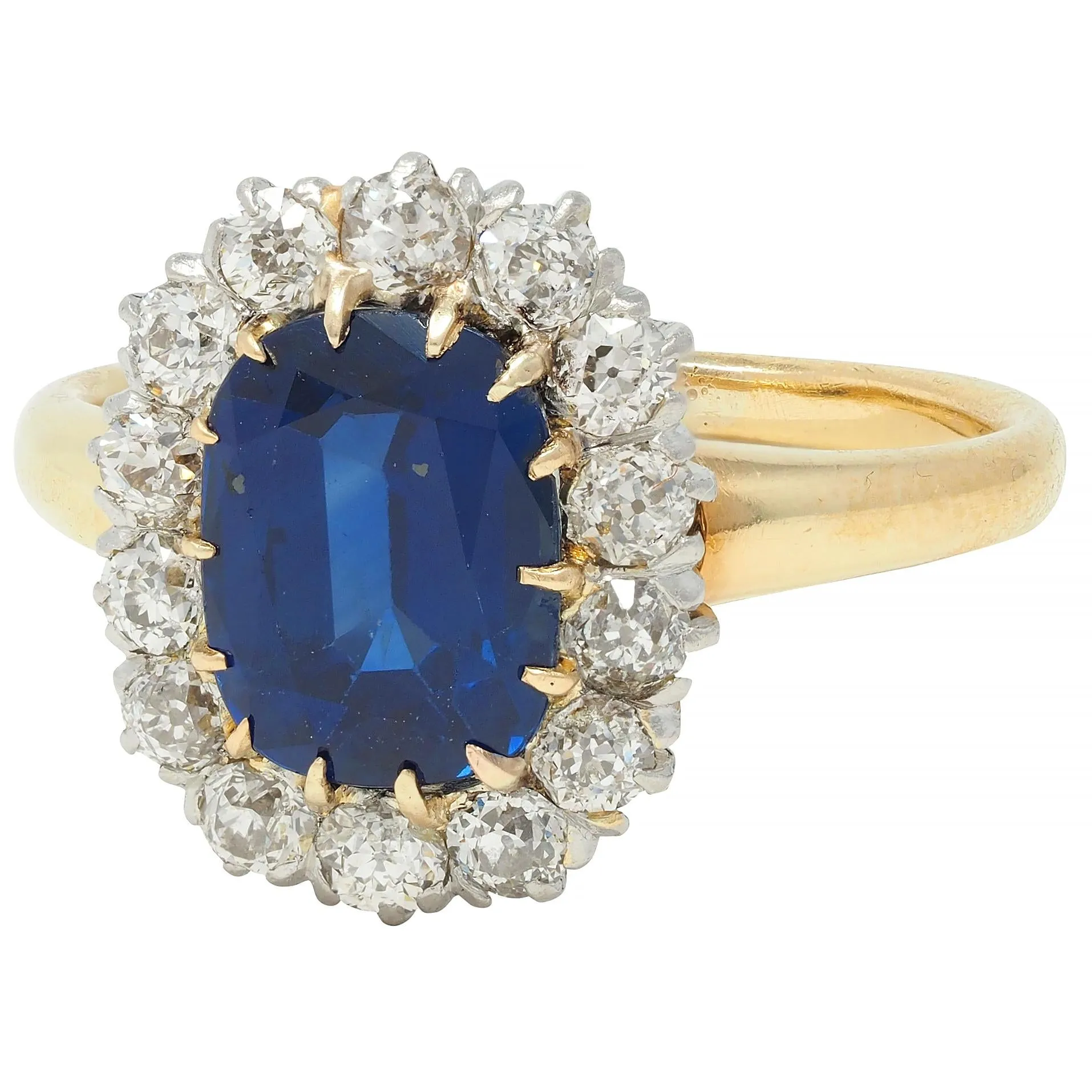 Edwardian 3.07 CTW No Heat Sapphire Diamond Platinum 18 Karat Gold Antique Halo Ring GIA