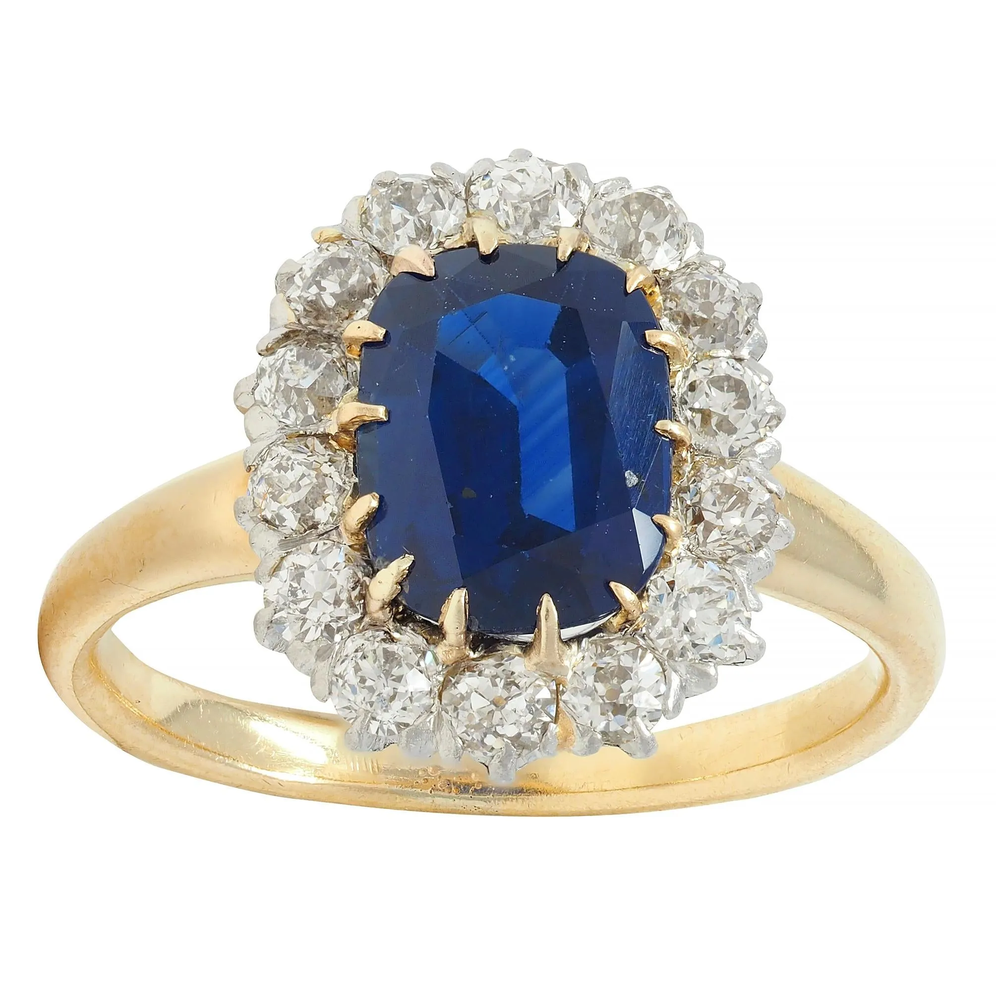 Edwardian 3.07 CTW No Heat Sapphire Diamond Platinum 18 Karat Gold Antique Halo Ring GIA