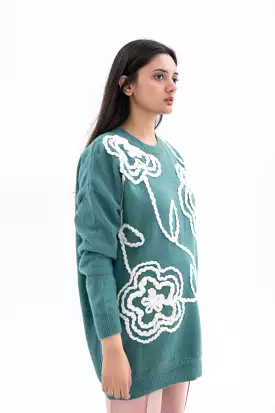 EMBROIDERED FLORAL SWEATER TEAL