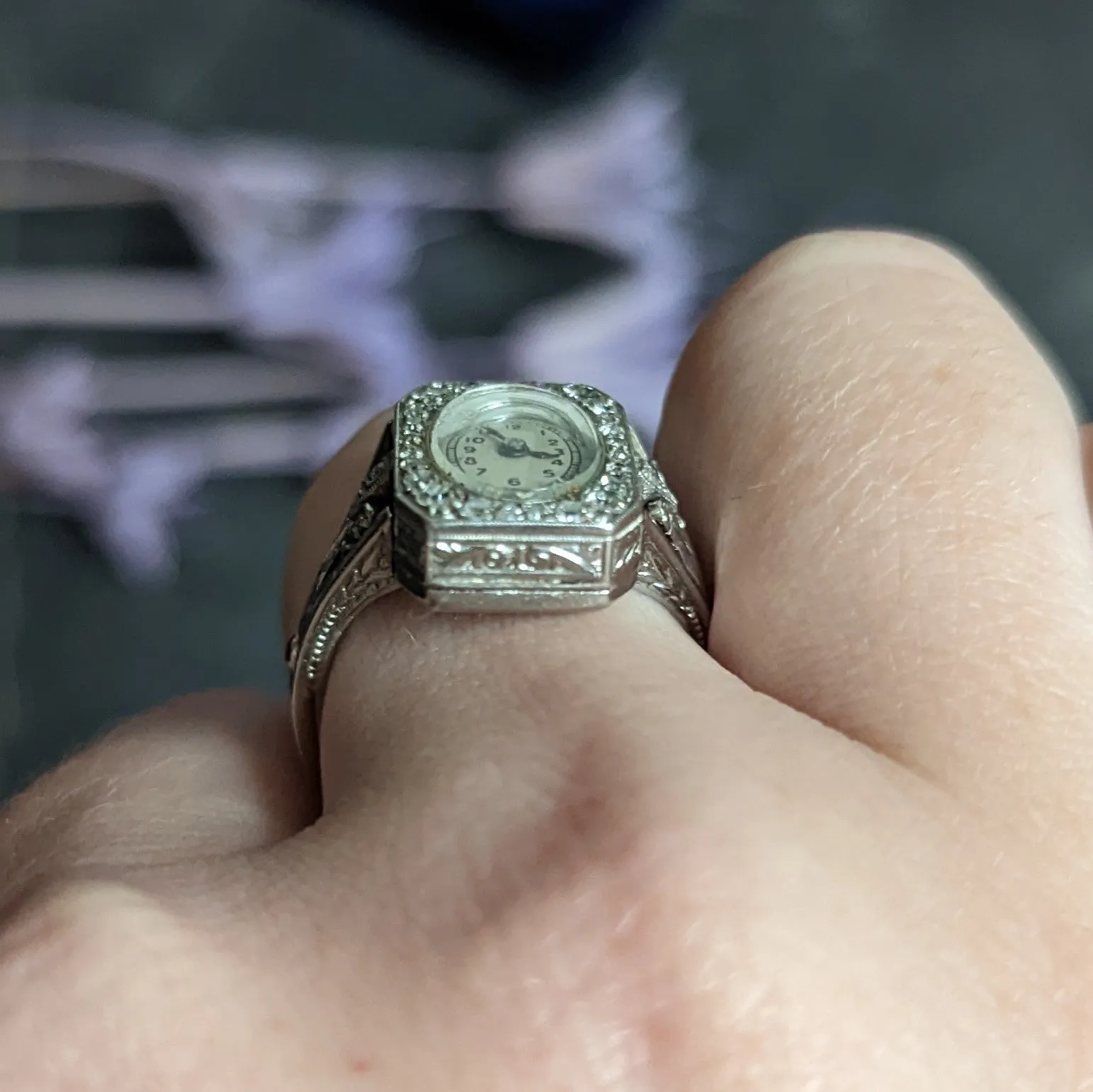 French 1930's Art Deco Diamond Platinum Watch Ring