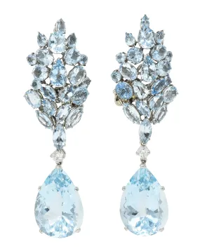 French Mid-Century 77.50 CTW Aquamarine Diamond 18 Karat White Gold Convertible Drop Cluster Ear-Clip Earrings