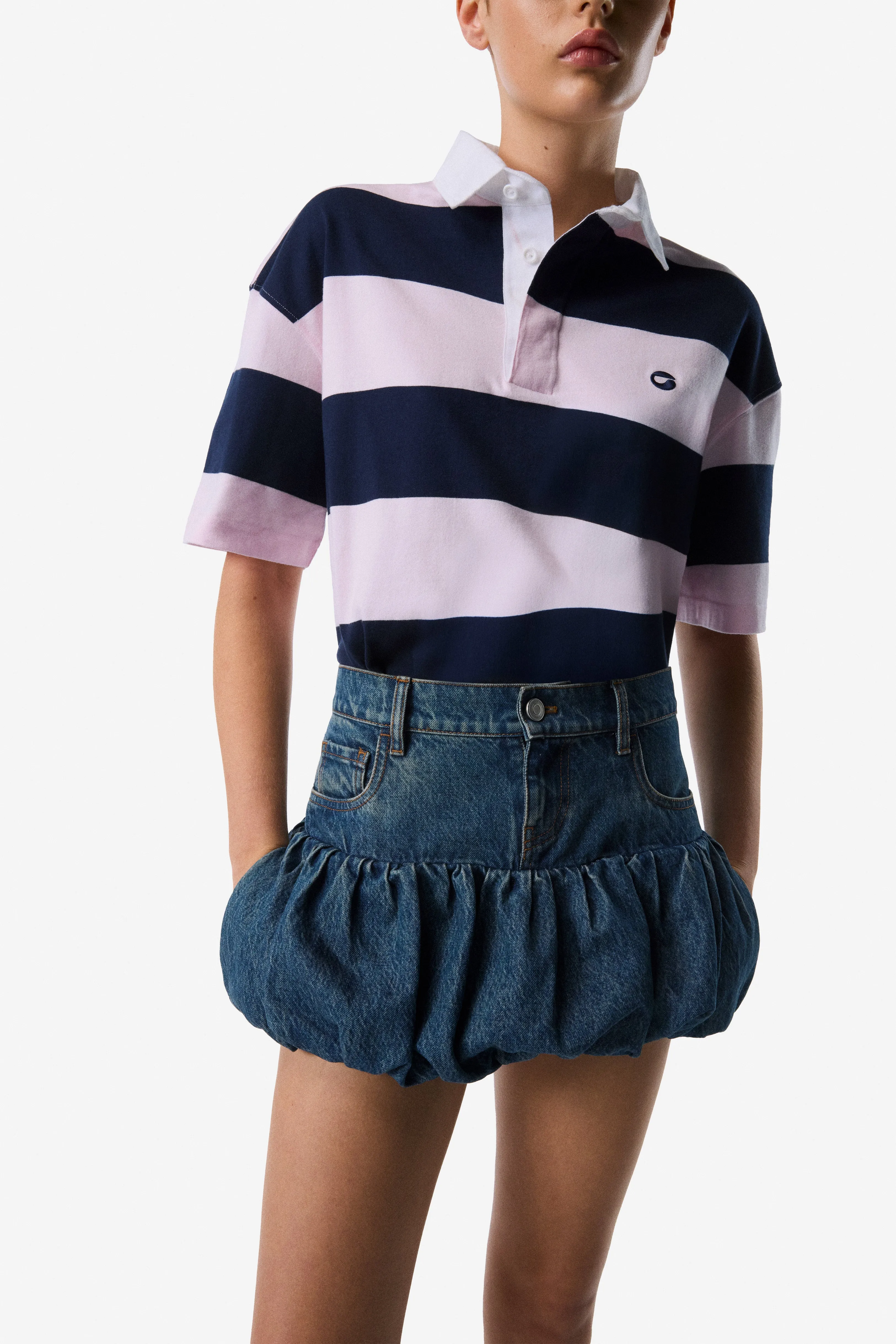 Gathered Hem Denim Mini Skirt