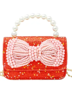 Glitter Pearl Handle Bow Bag - Red