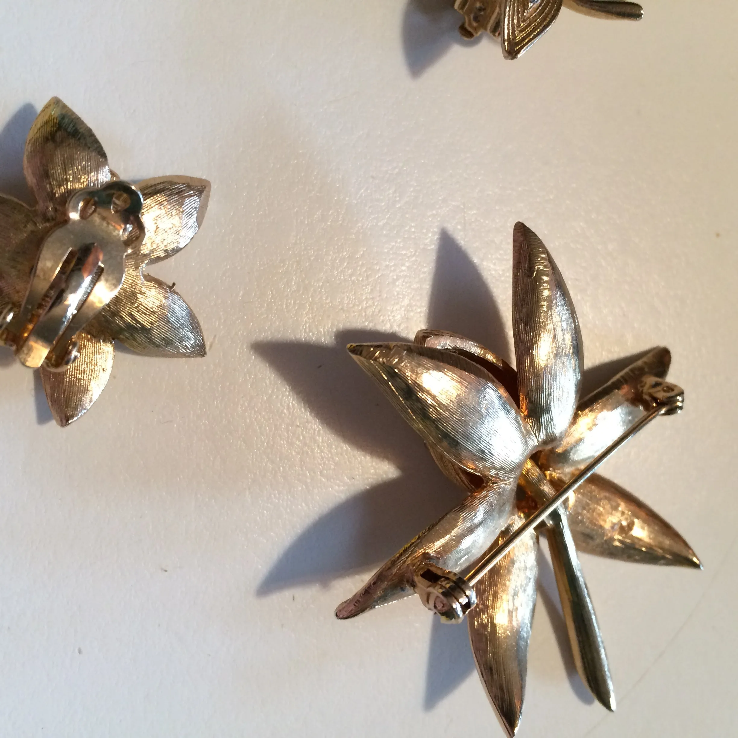 Golden Orchid Rhinestone Adorned Brooch and Earrings Set circa 1940s